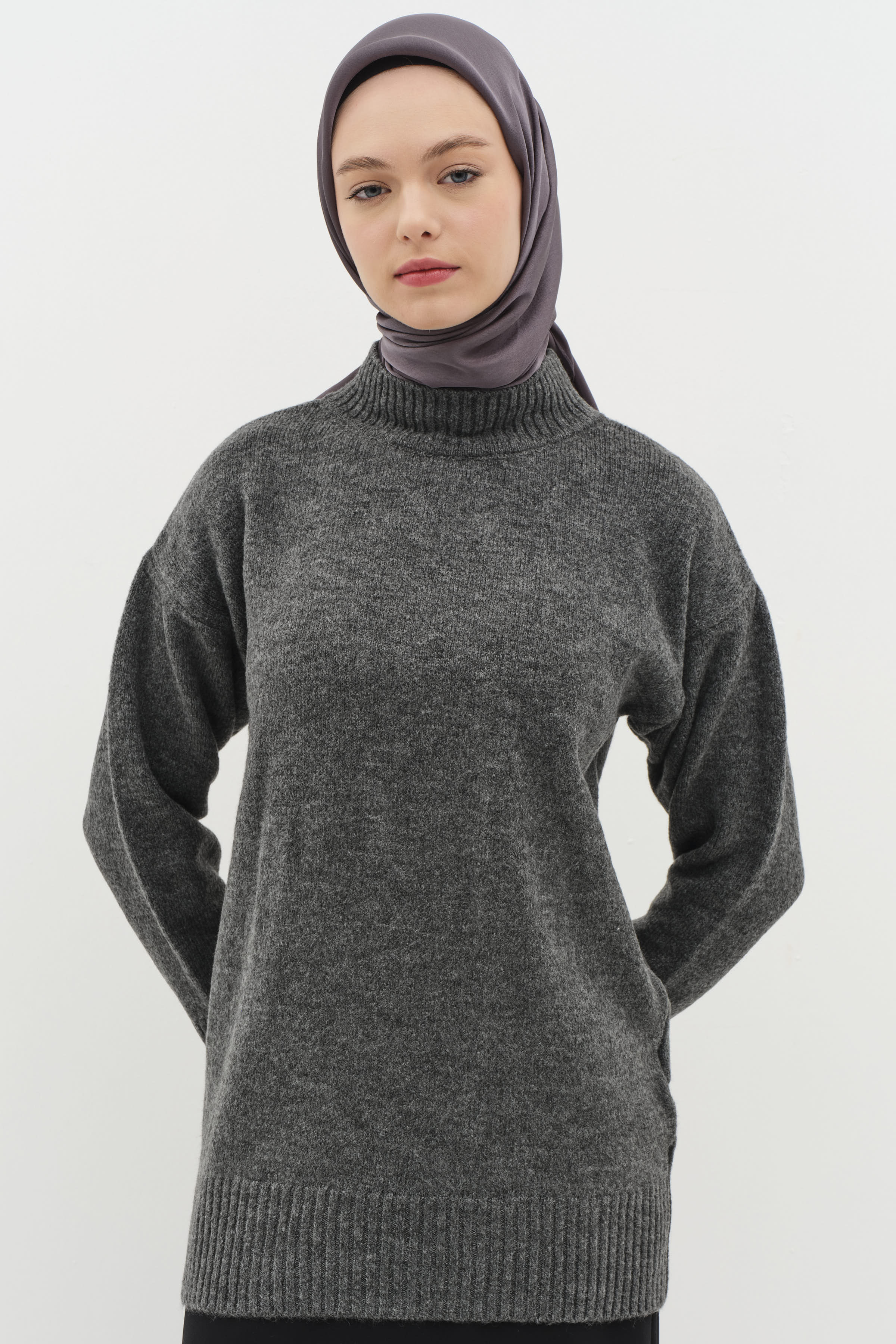 Sıfır Yaka Triko Tunik - Antrasit TUGBA