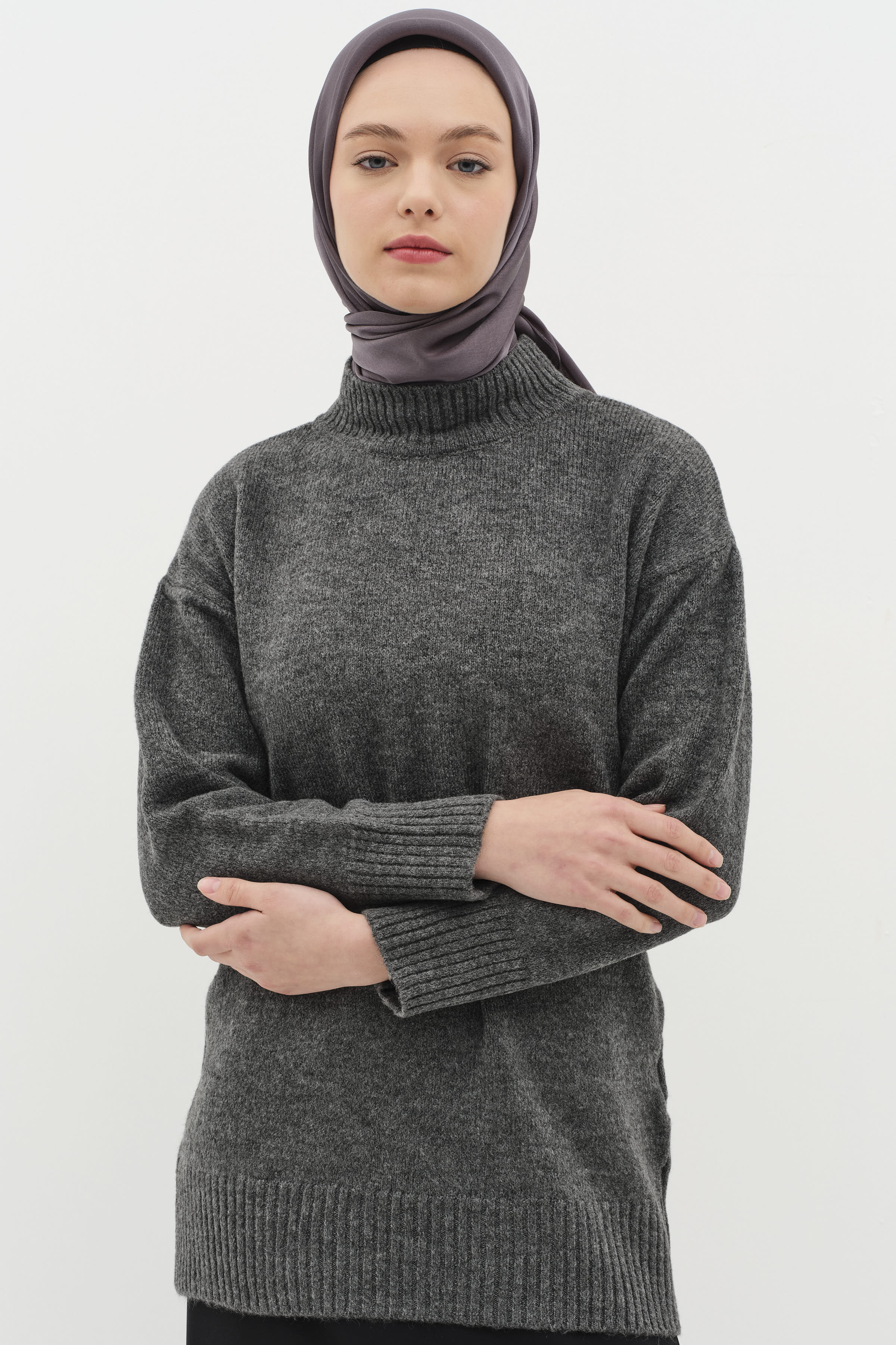 Sıfır Yaka Triko Tunik - Antrasit TUGBA