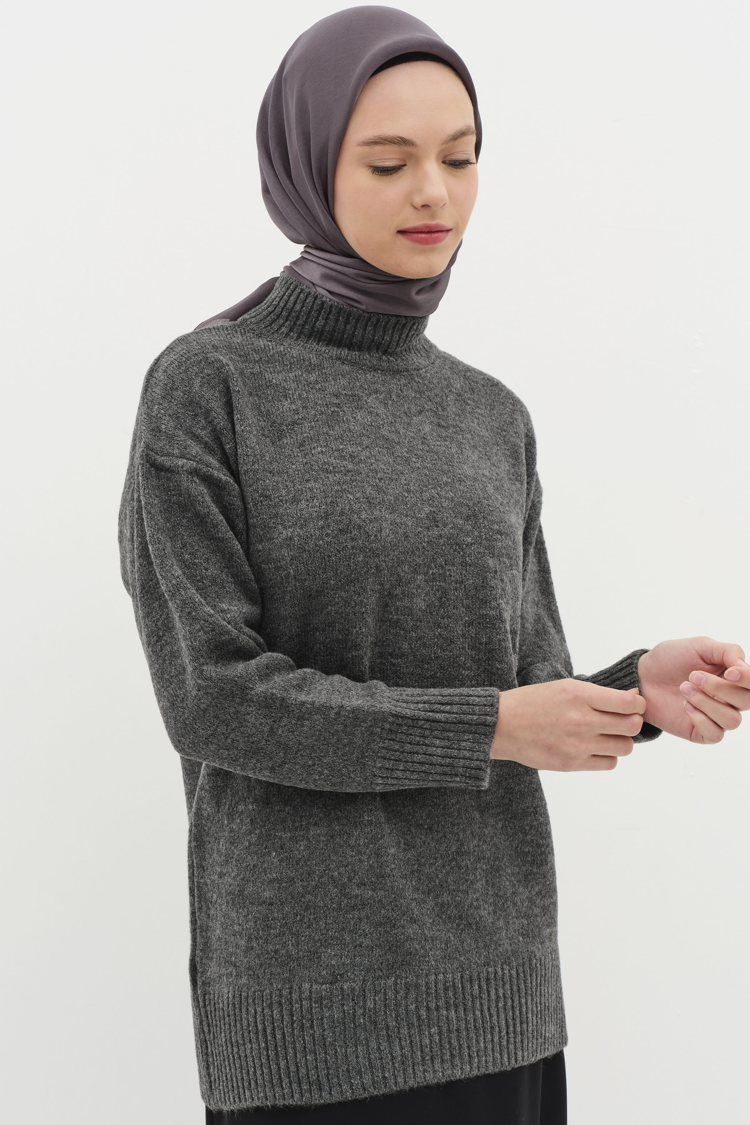 Sıfır Yaka Triko Tunik - Antrasit TUGBA