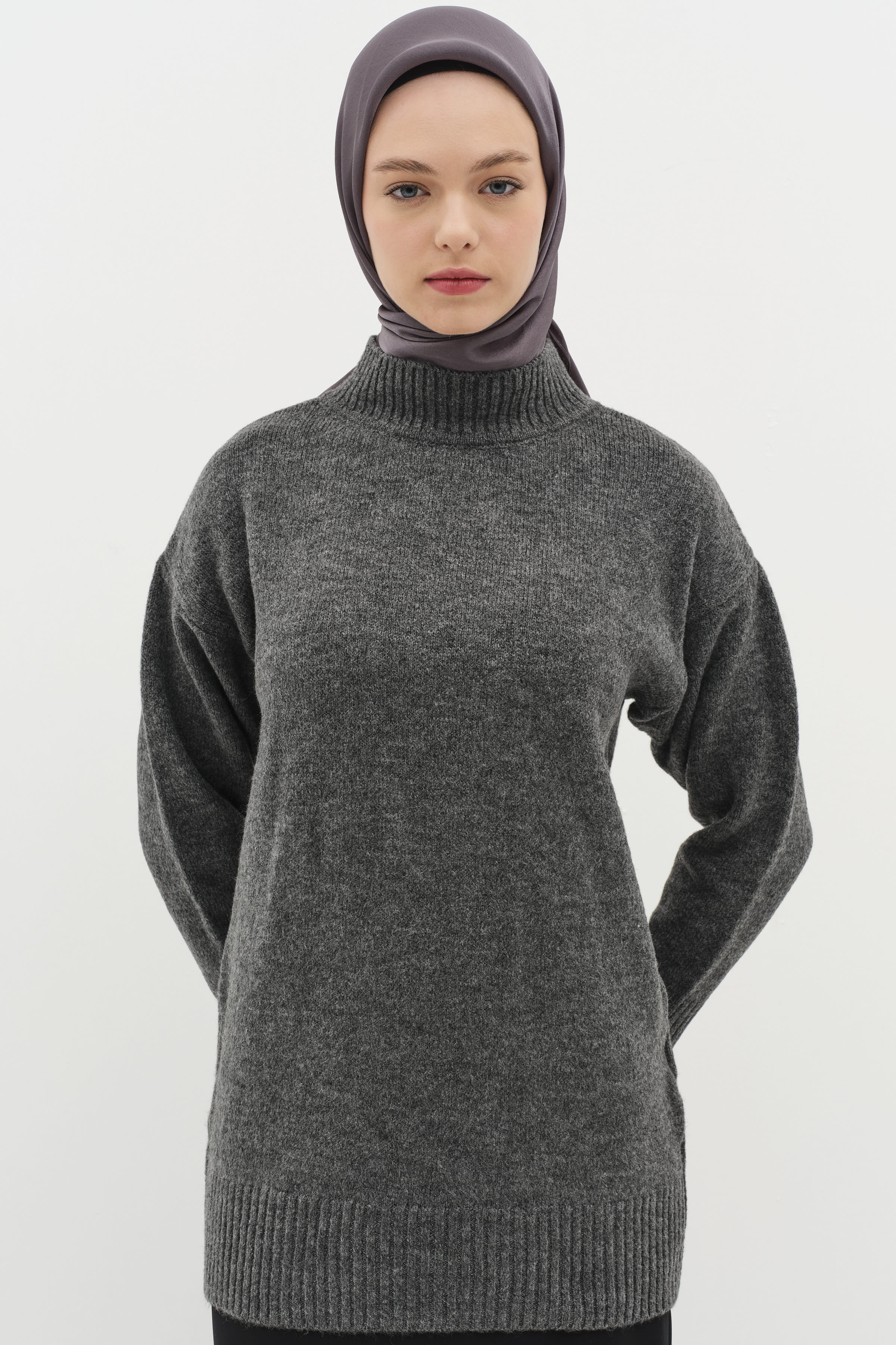 Sıfır Yaka Triko Tunik - Antrasit TUGBA