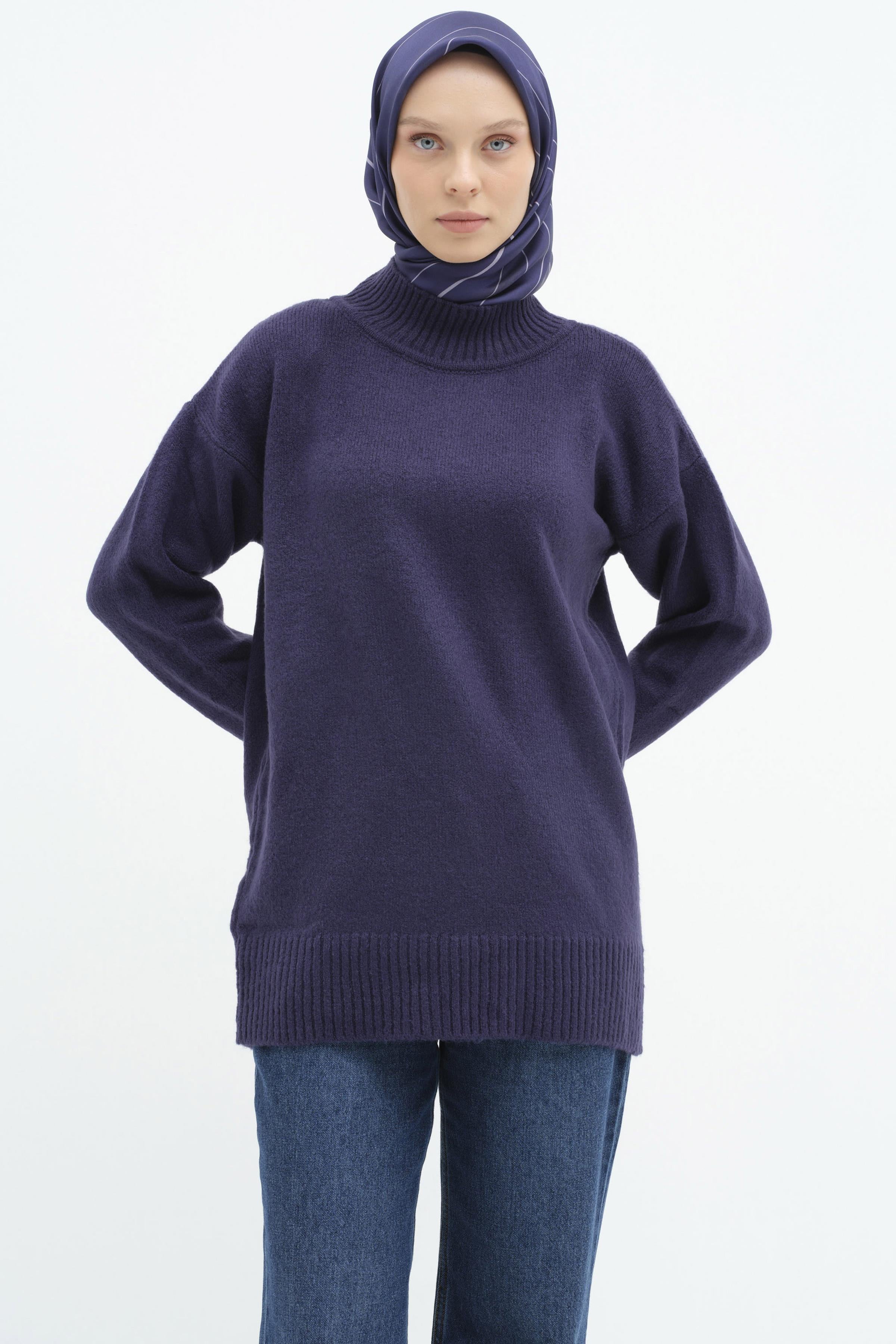 Sıfır Yaka Triko Tunik - Lacivert TUGBA