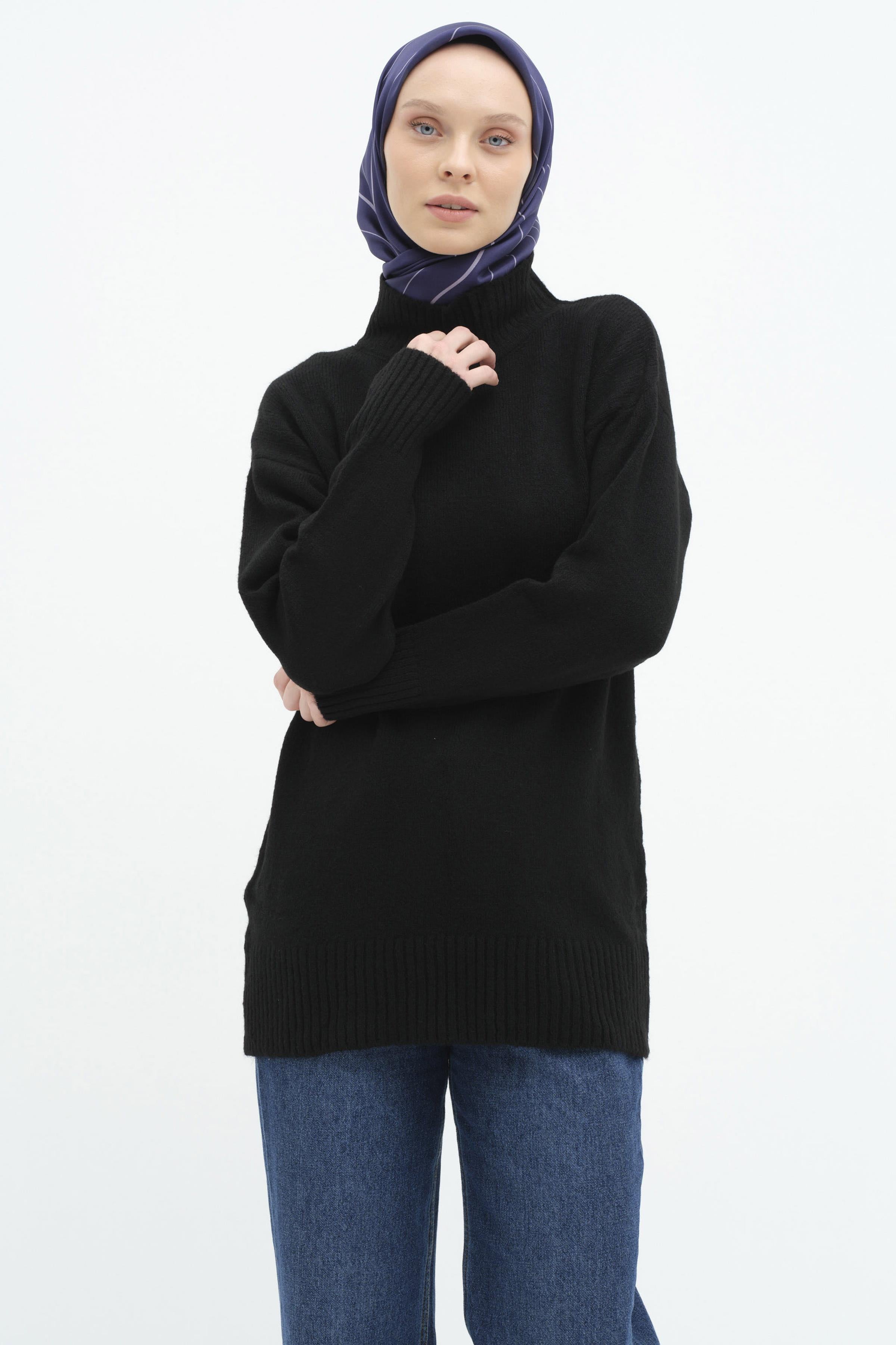 Sıfır Yaka Triko Tunik - Siyah TUGBA