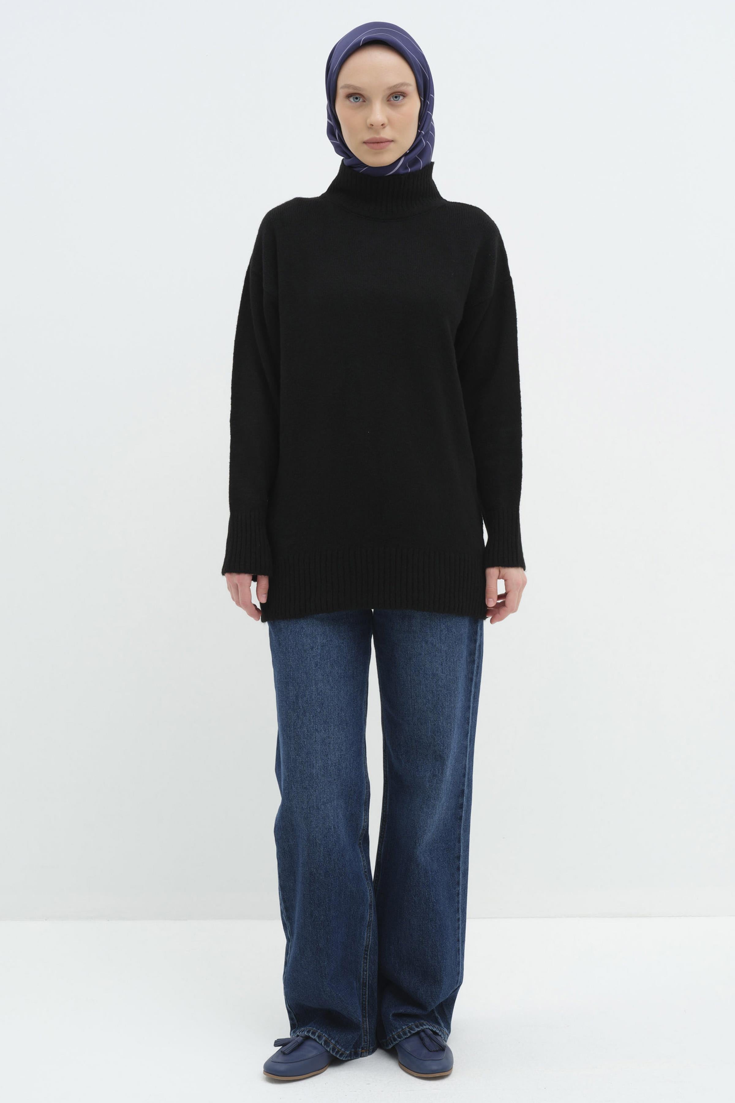 Sıfır Yaka Triko Tunik - Siyah TUGBA