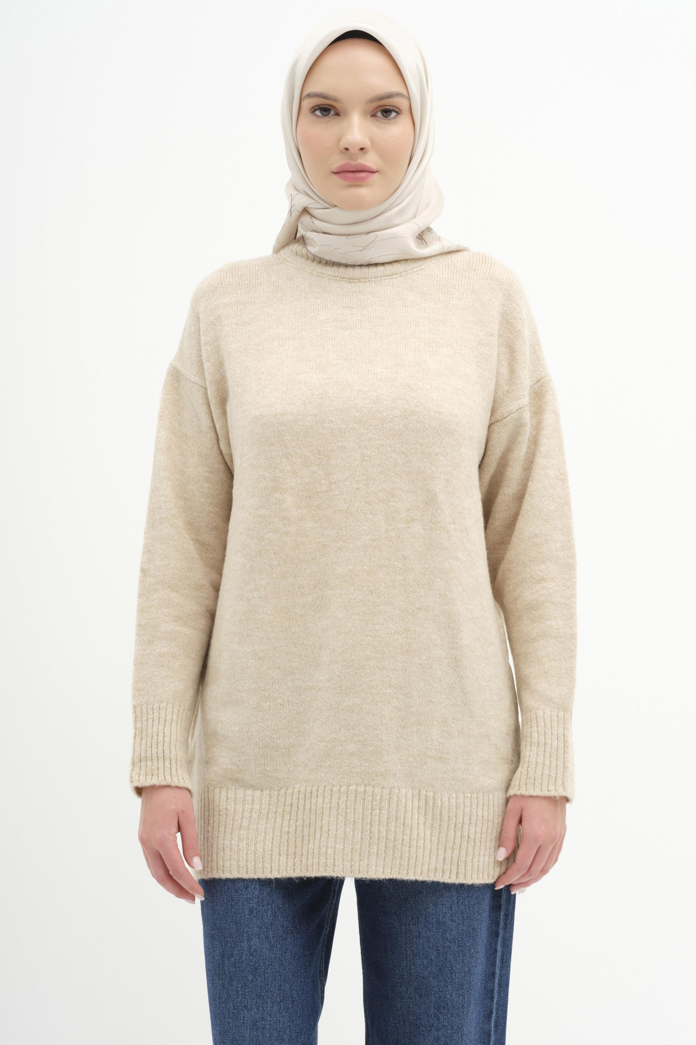 Sıfır Yaka Triko Tunik - Taş TUGBA