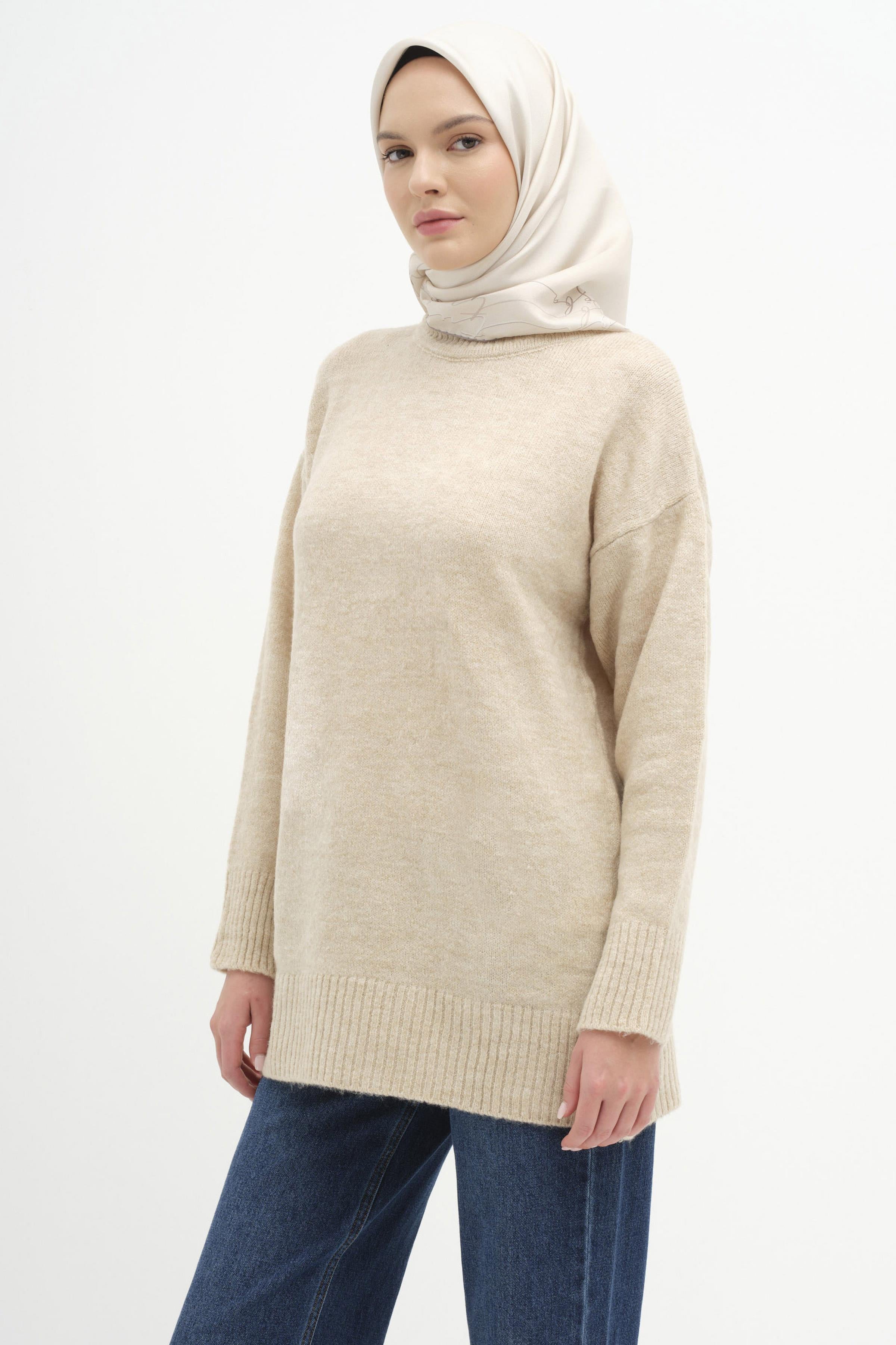 Sıfır Yaka Triko Tunik - Taş TUGBA