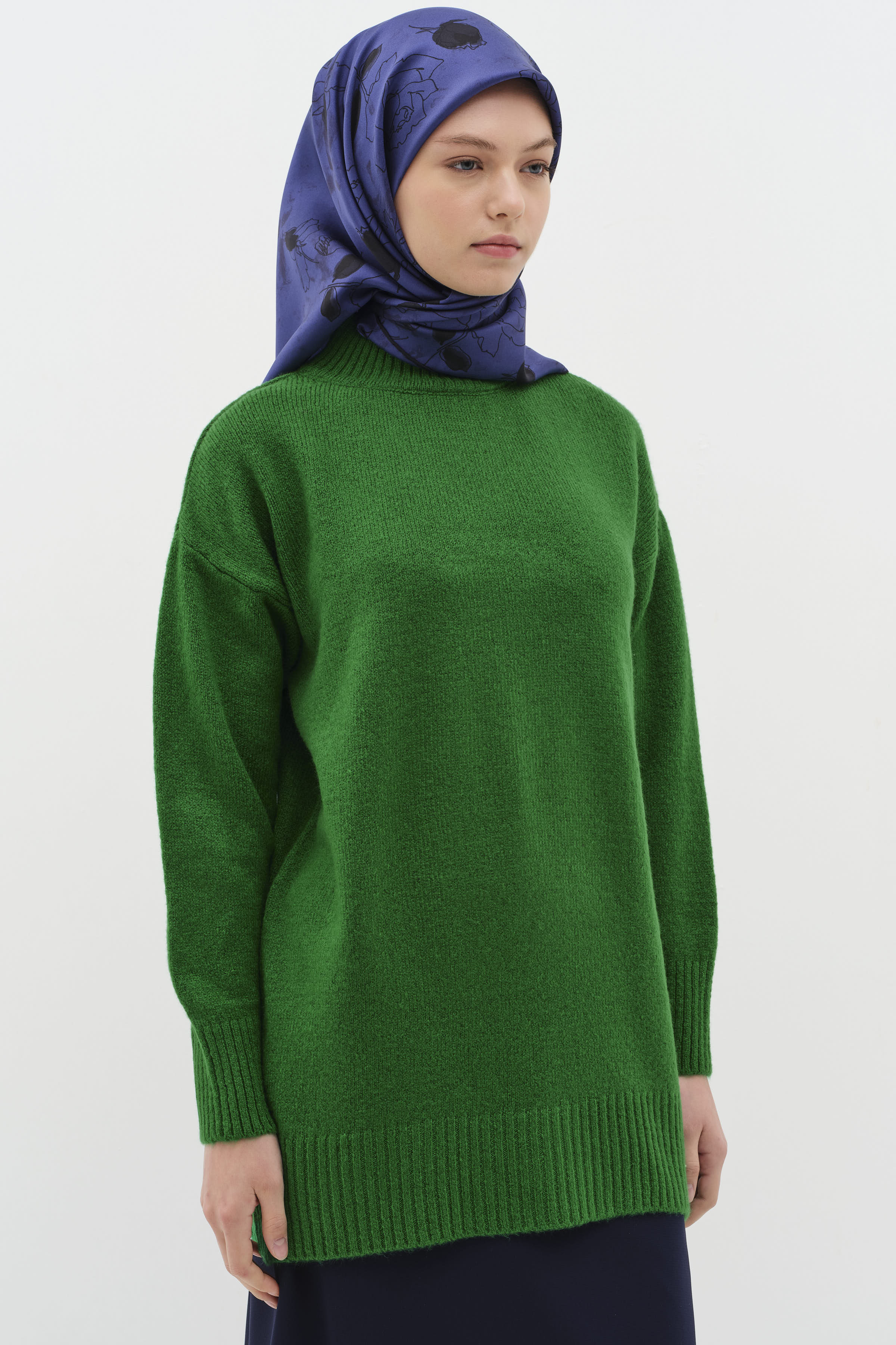 Sıfır Yaka Triko Tunik - Yeşil TUGBA