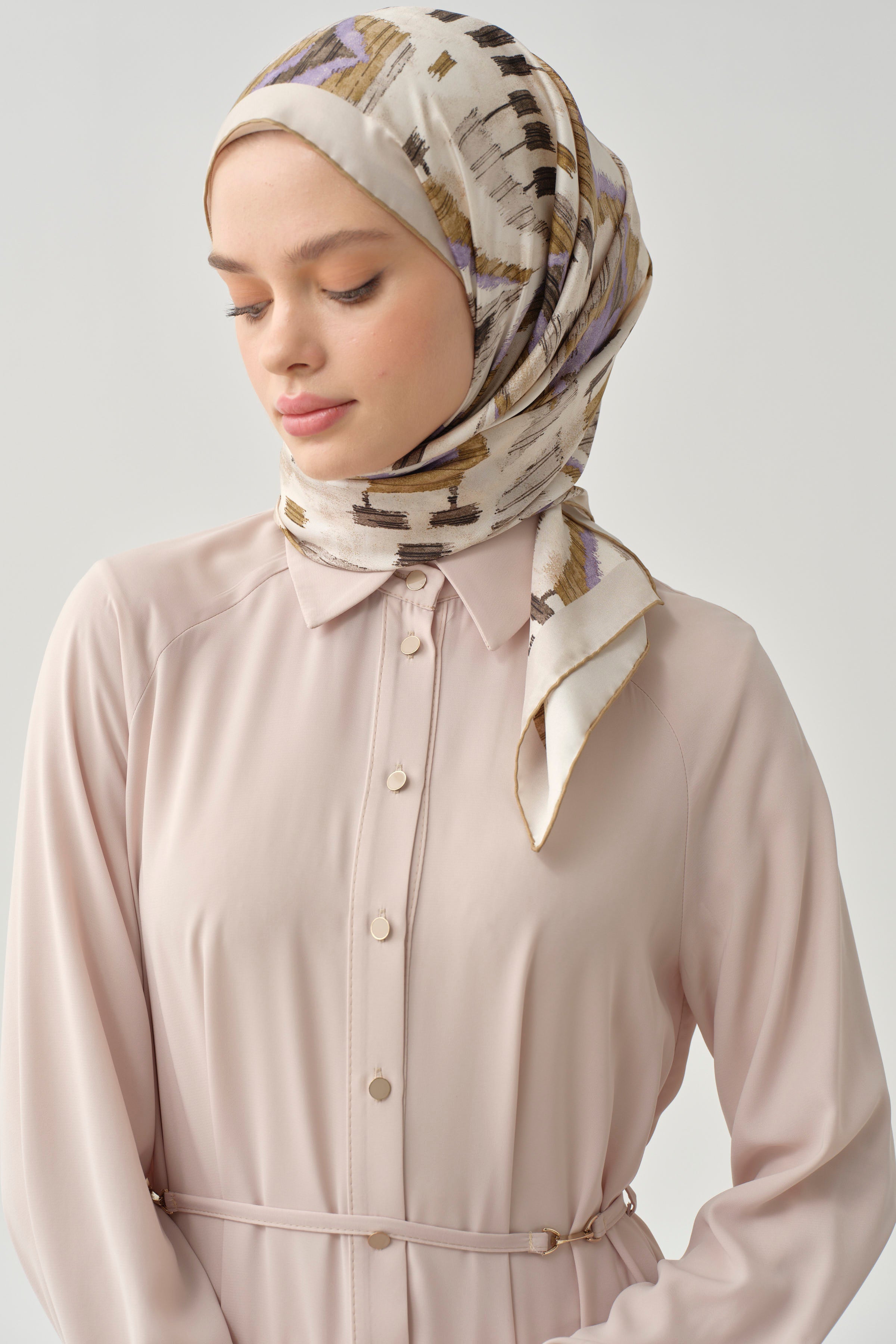 Şifon Garnili Beli Kemerli Uzun Tunik - Bej TUGBA