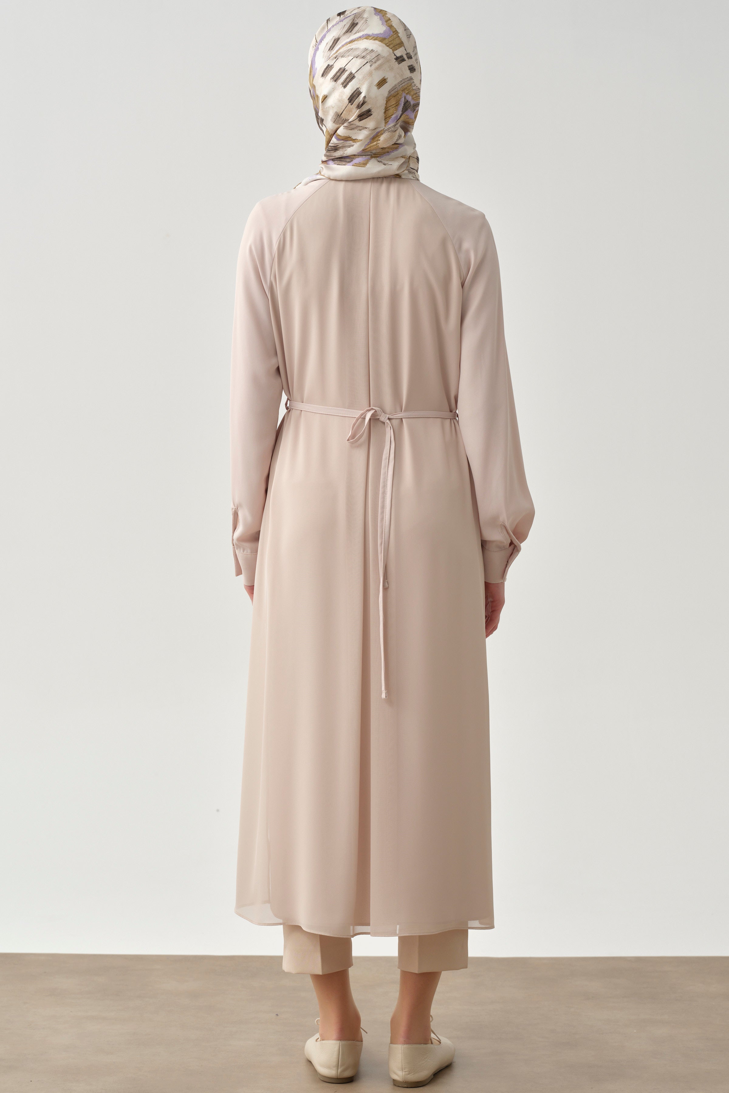 Şifon Garnili Beli Kemerli Uzun Tunik - Bej TUGBA