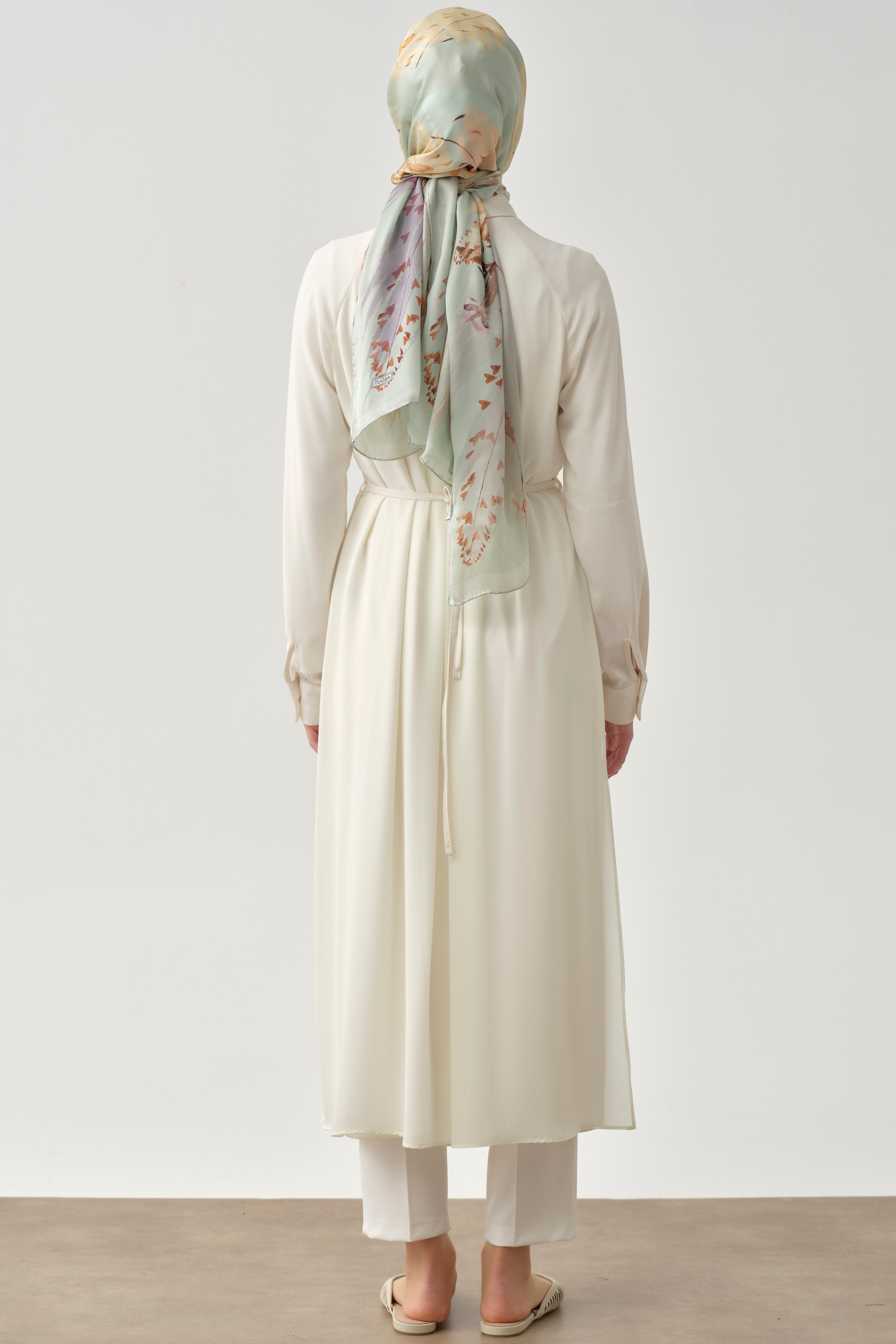 Şifon Garnili Beli Kemerli Uzun Tunik - Ekru TUGBA