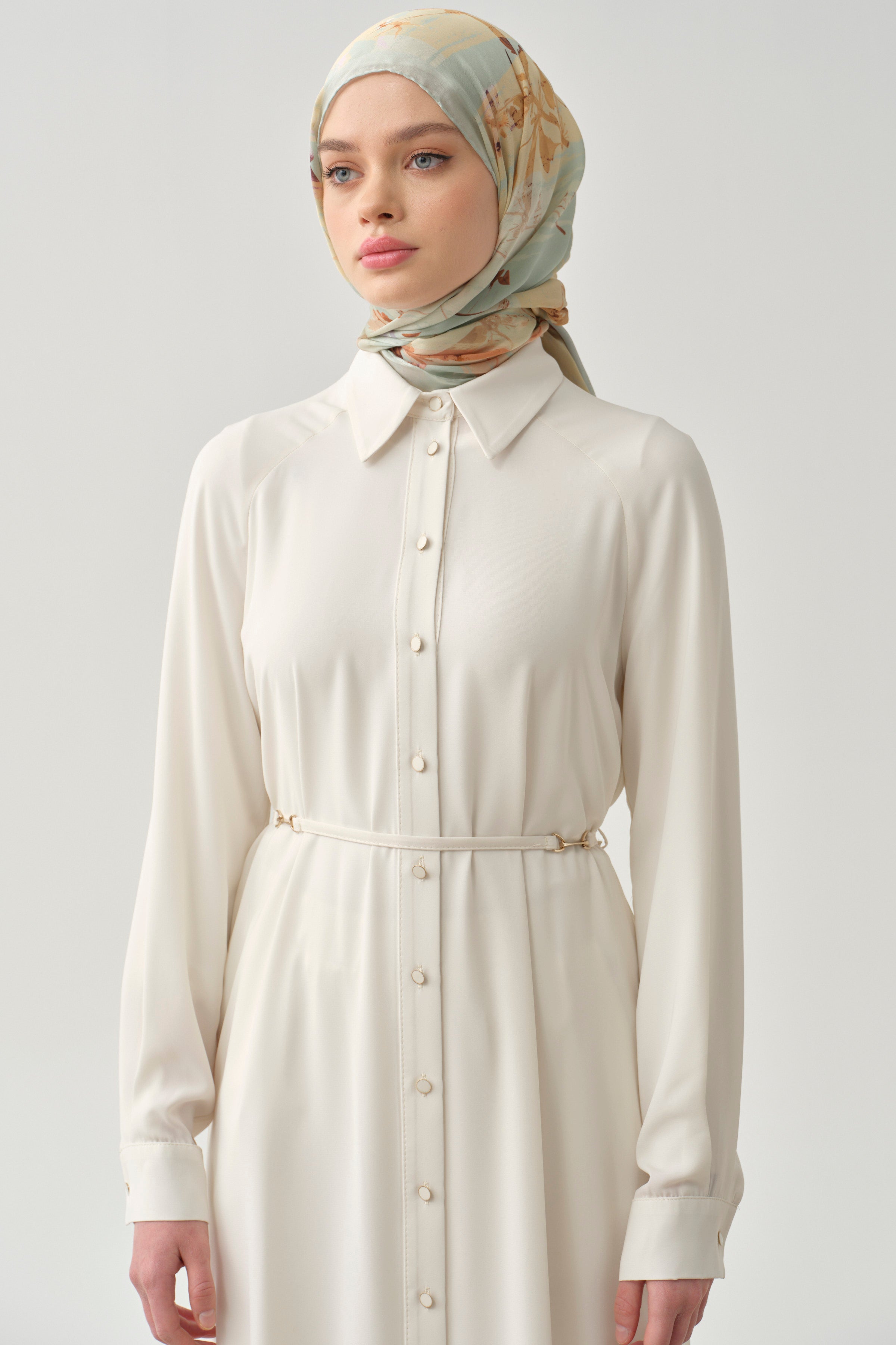 Şifon Garnili Beli Kemerli Uzun Tunik - Ekru TUGBA