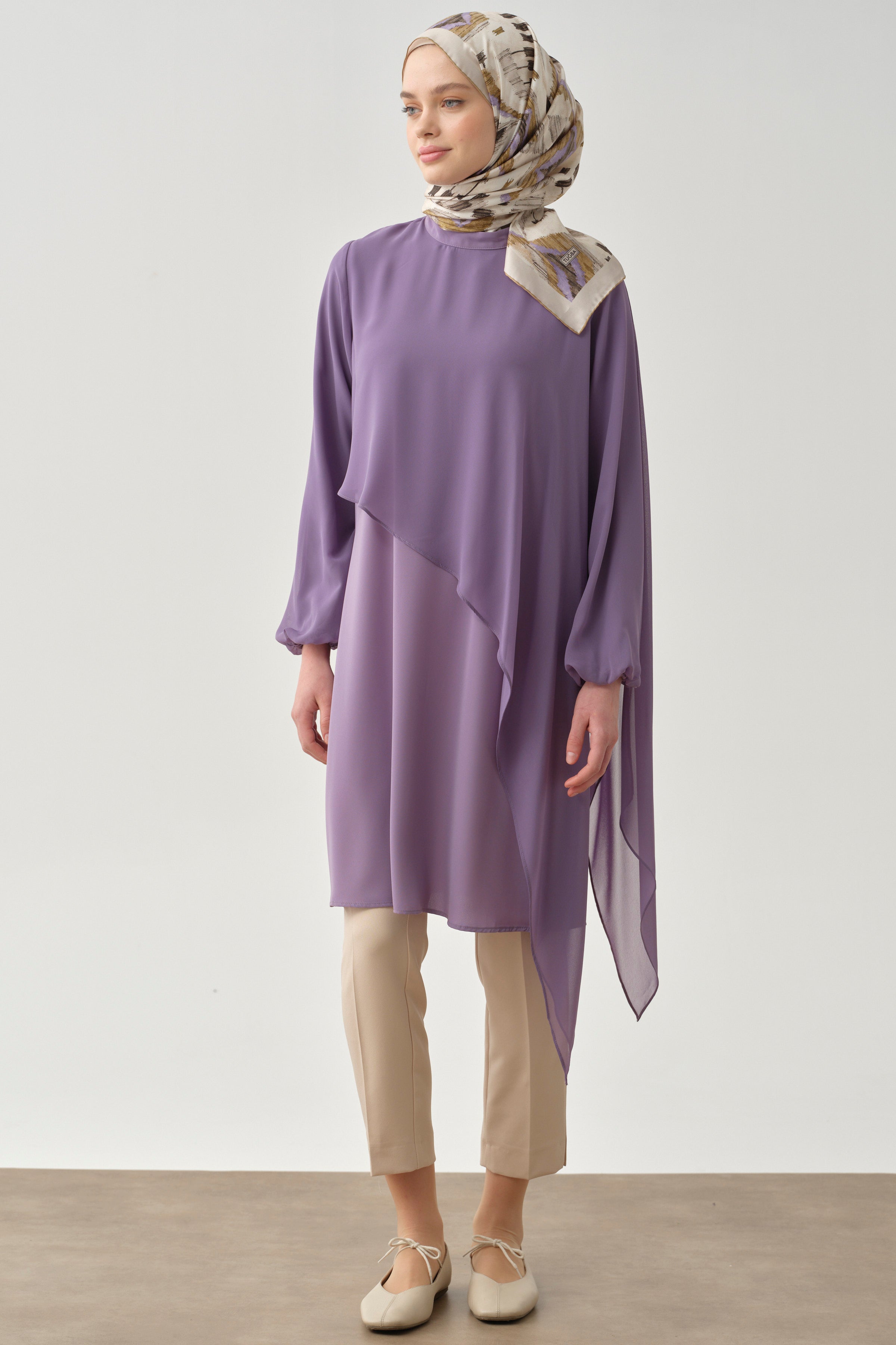 Şifon Garnili Bileği Lastikli Tunik - Lila TUGBA