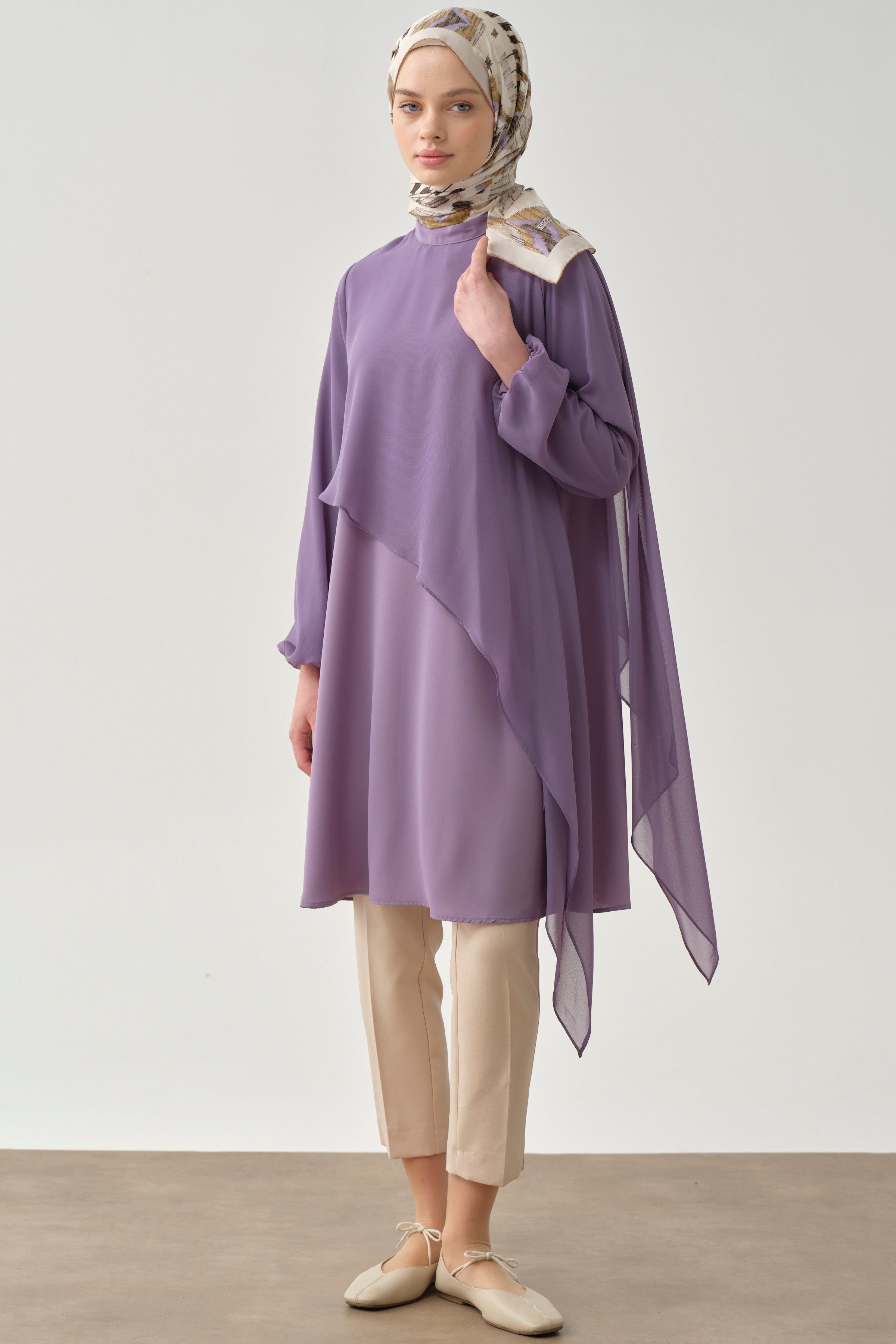 Şifon Garnili Bileği Lastikli Tunik - Lila TUGBA