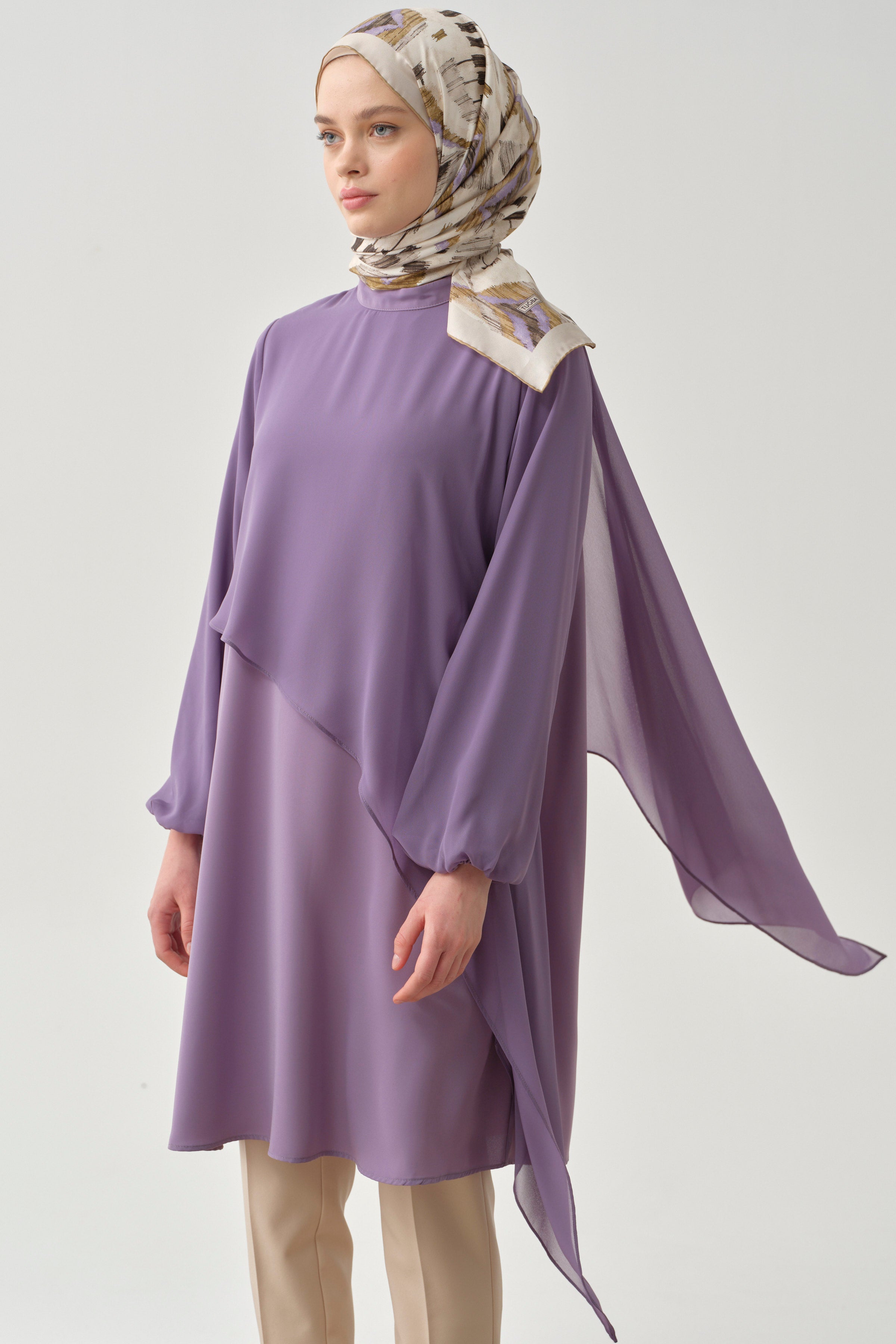 Şifon Garnili Bileği Lastikli Tunik - Lila TUGBA