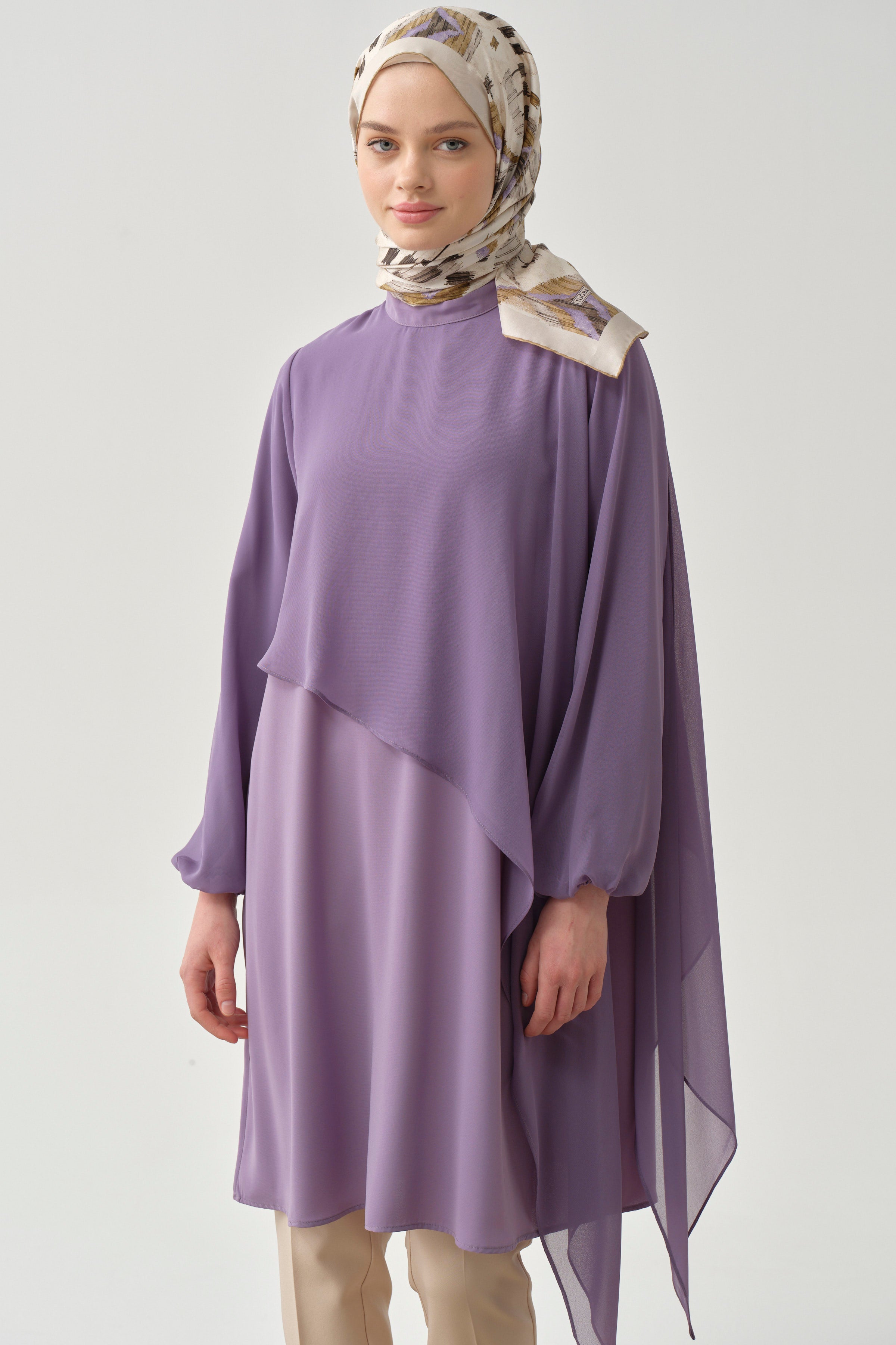 Şifon Garnili Bileği Lastikli Tunik - Lila TUGBA