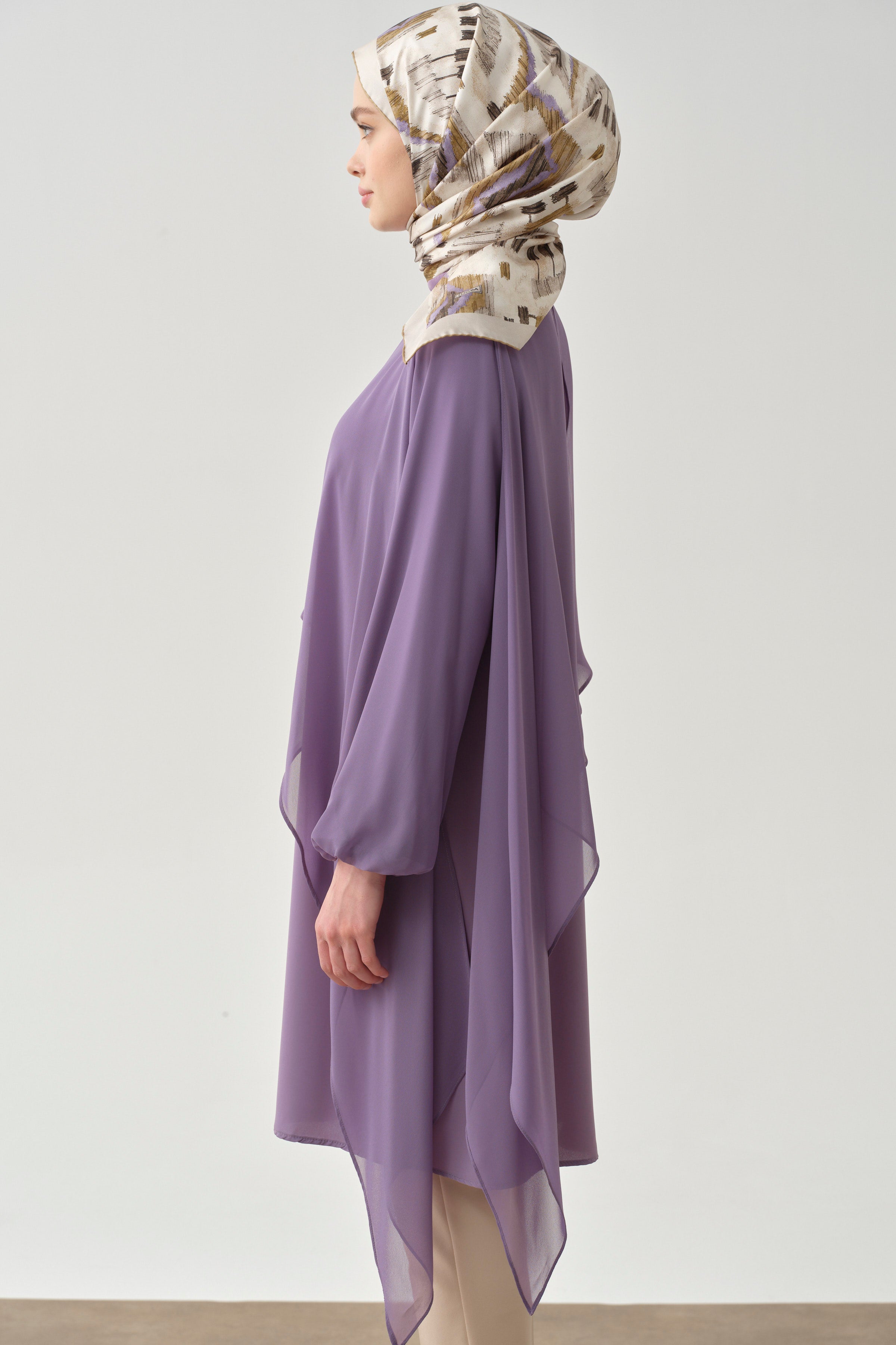 Şifon Garnili Bileği Lastikli Tunik - Lila TUGBA