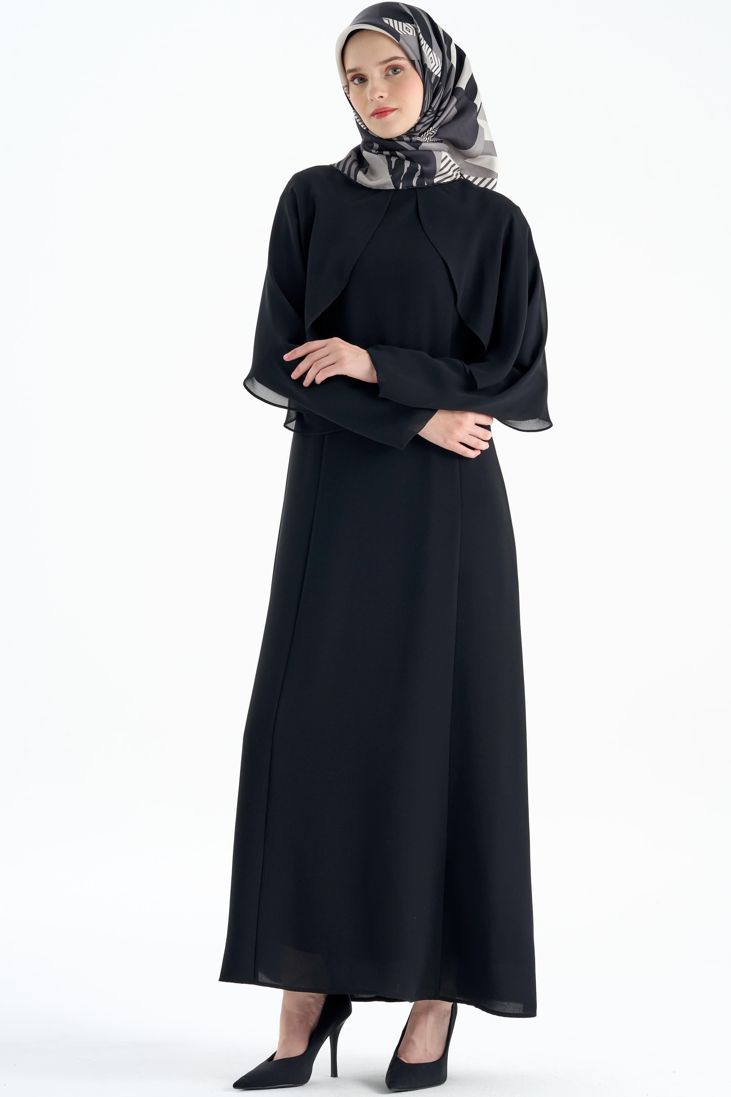 Şifon Garnili Elbise - Siyah TUGBA