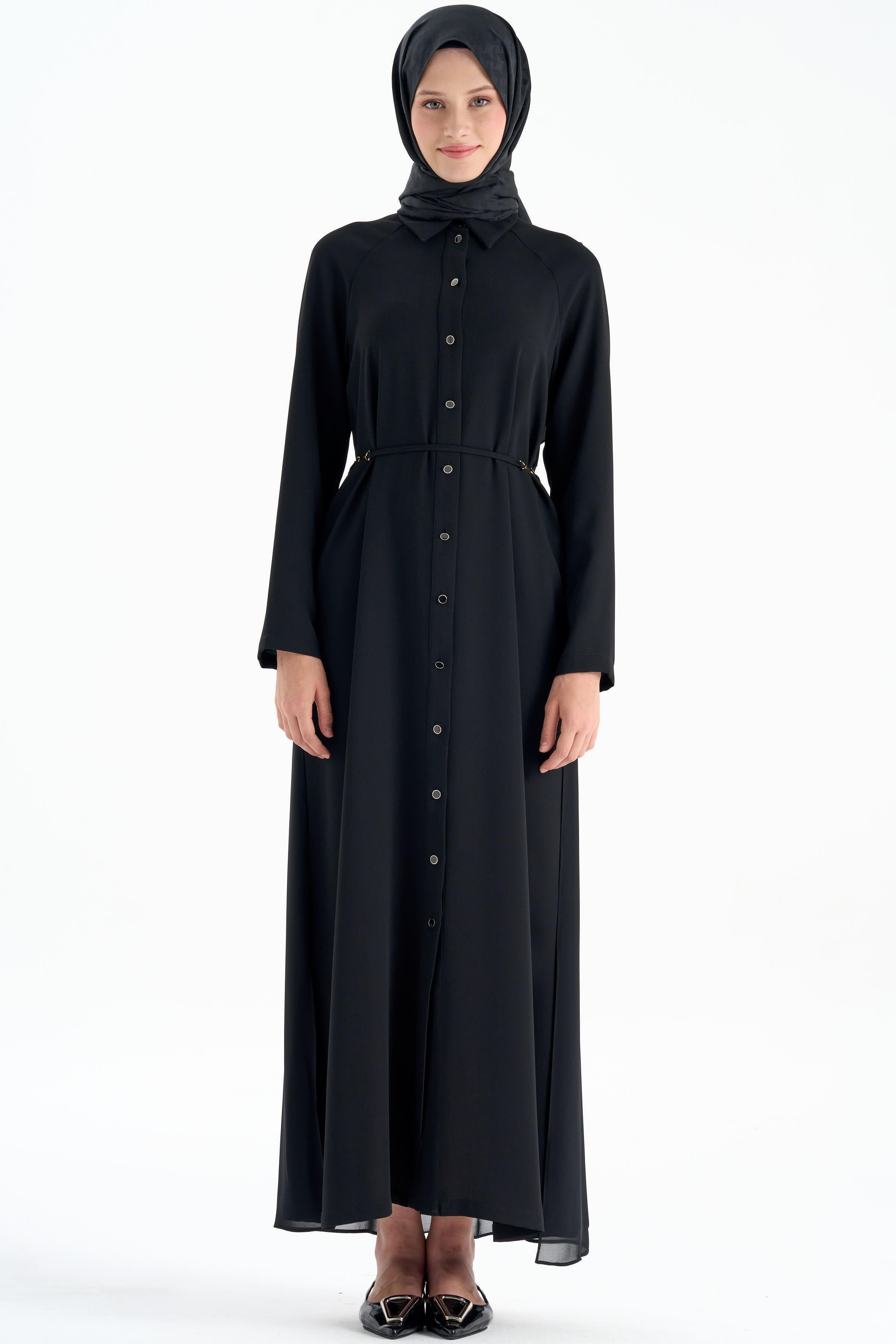 Şifon Garnili Kemerli Ferace - Siyah TUGBA