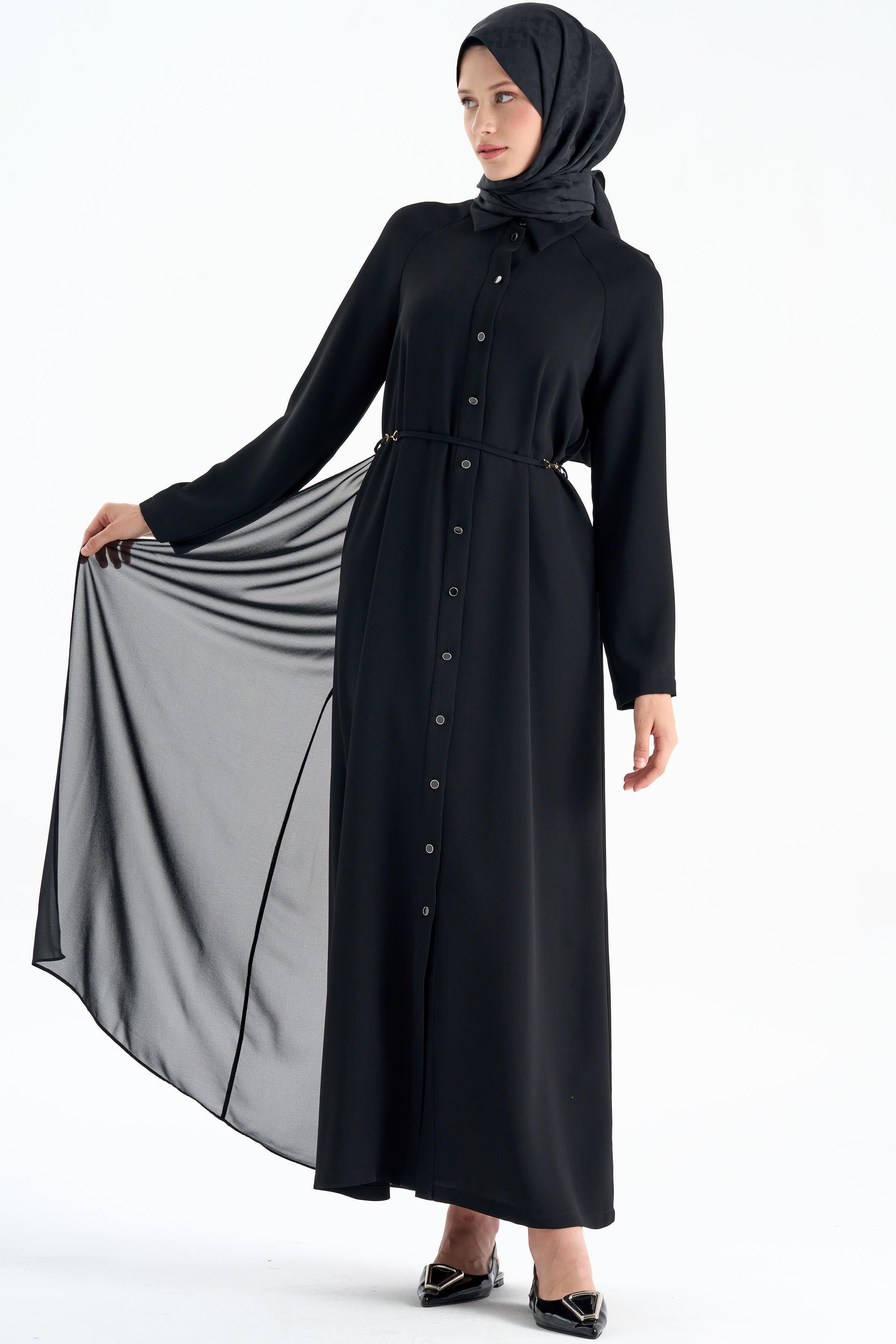 Şifon Garnili Kemerli Ferace - Siyah TUGBA