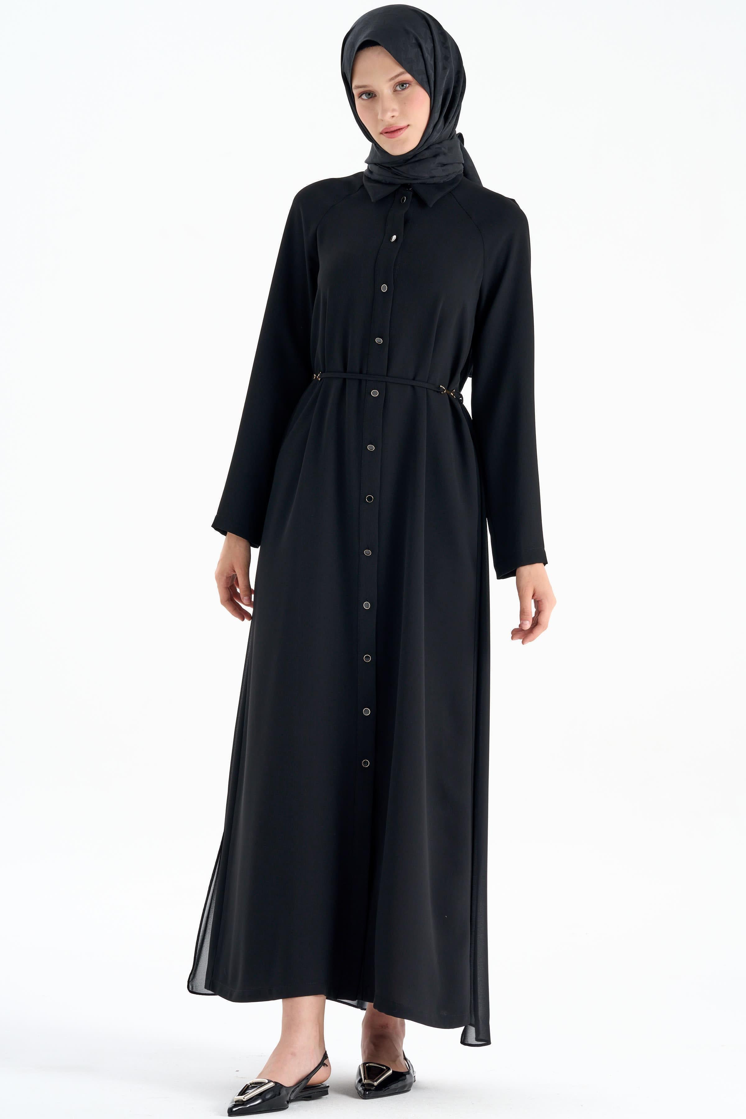 Şifon Garnili Kemerli Ferace - Siyah TUGBA
