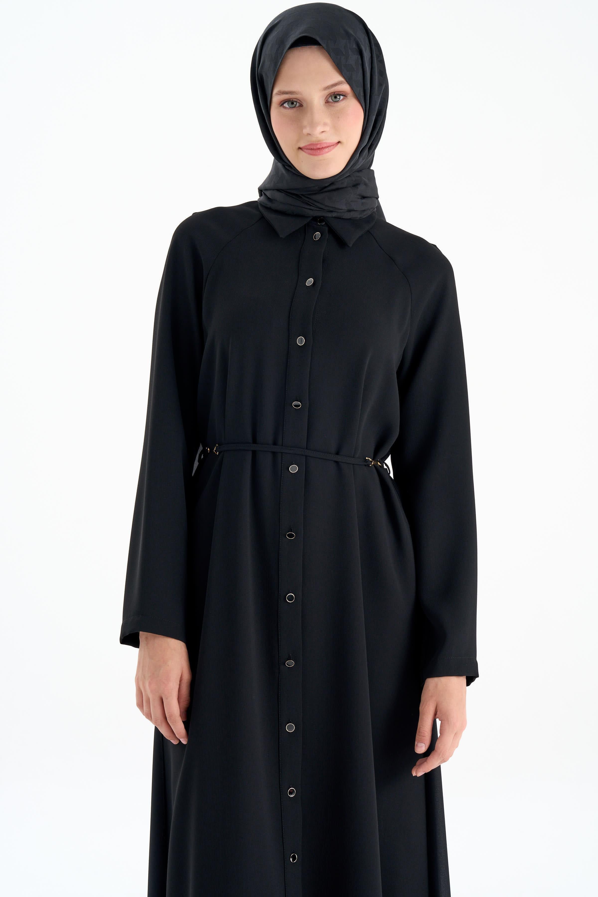 Şifon Garnili Kemerli Ferace - Siyah TUGBA
