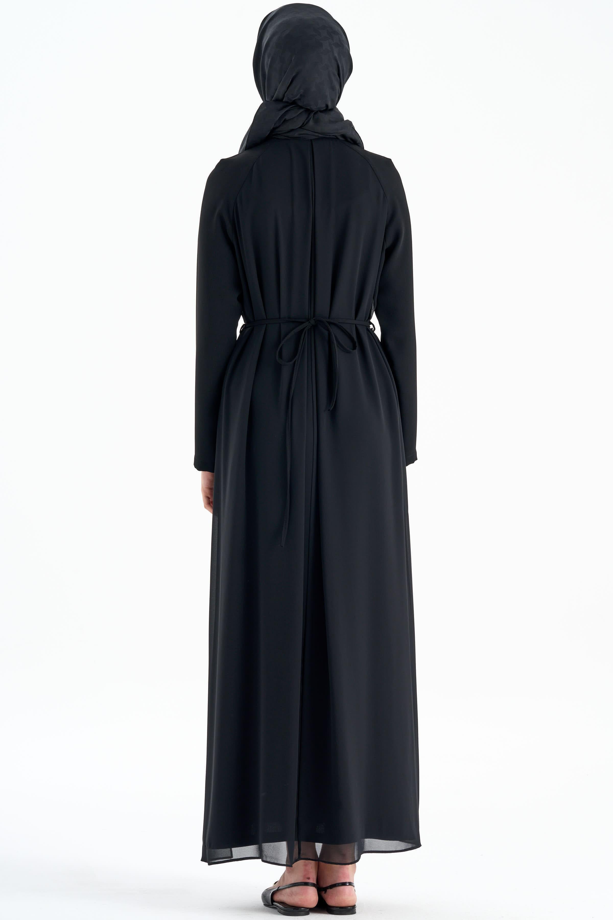Şifon Garnili Kemerli Ferace - Siyah TUGBA