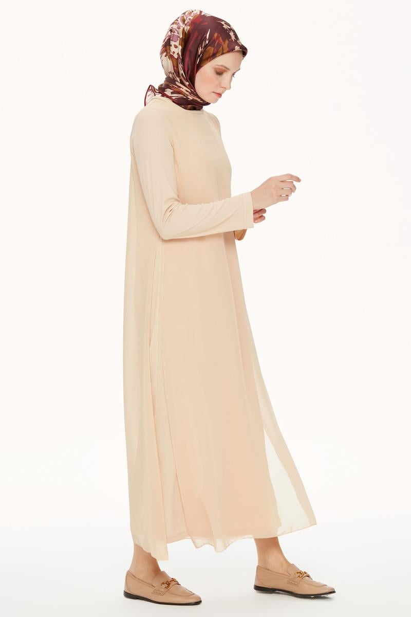 Şifon Garnili Örme Elbise - Taş TUGBA