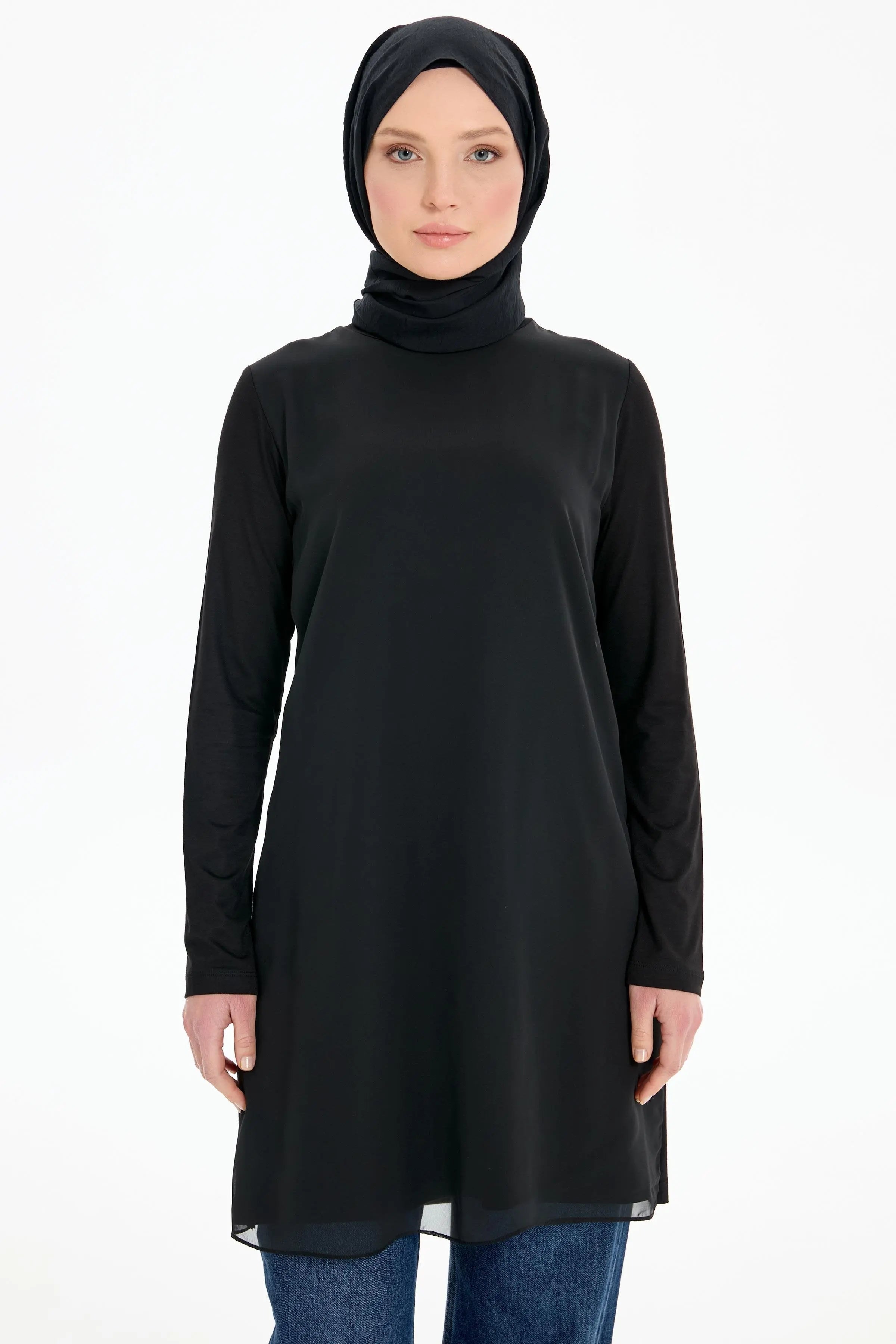 Şifon Garnili Penye Tunik - Siyah TUGBA