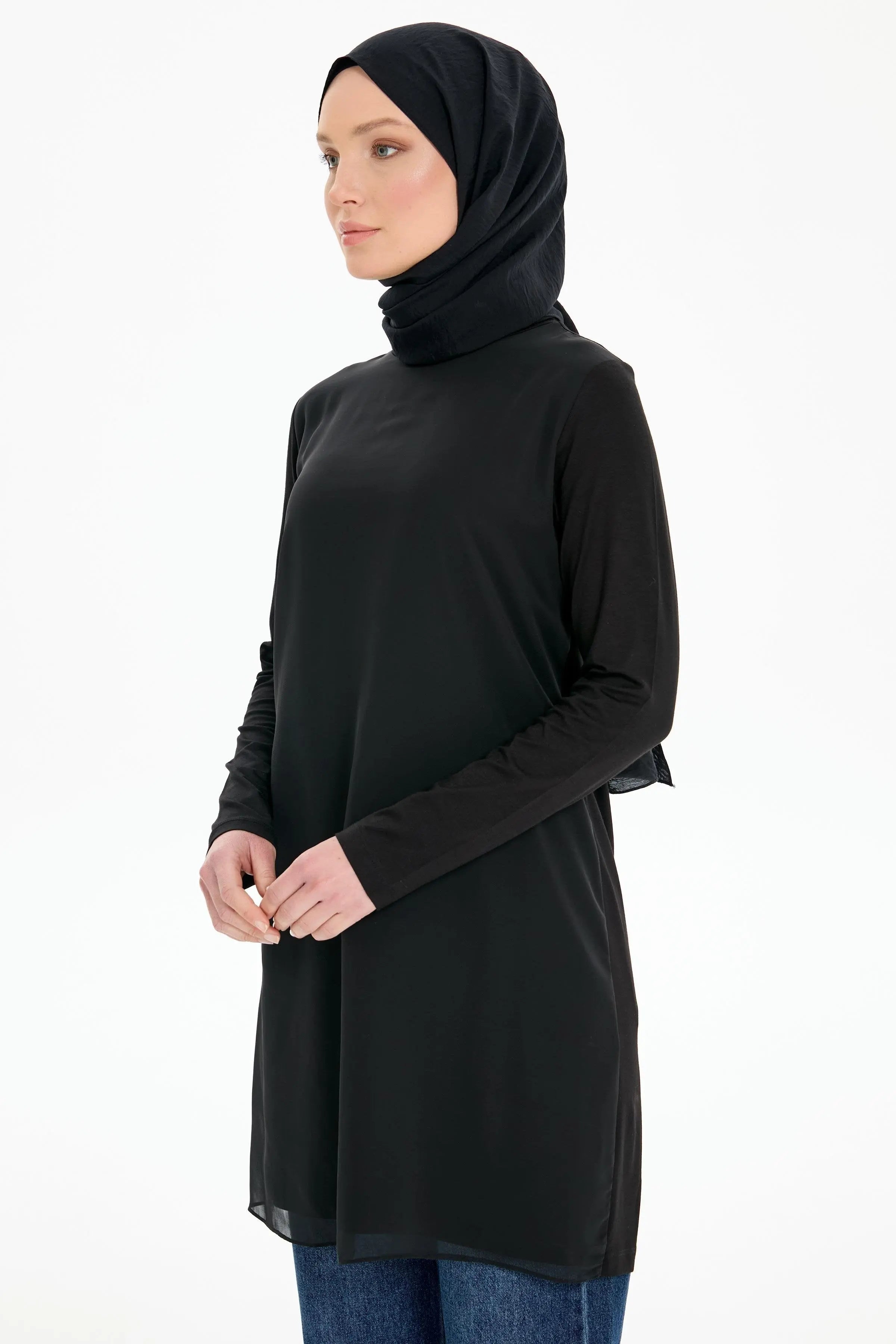 Şifon Garnili Penye Tunik - Siyah TUGBA