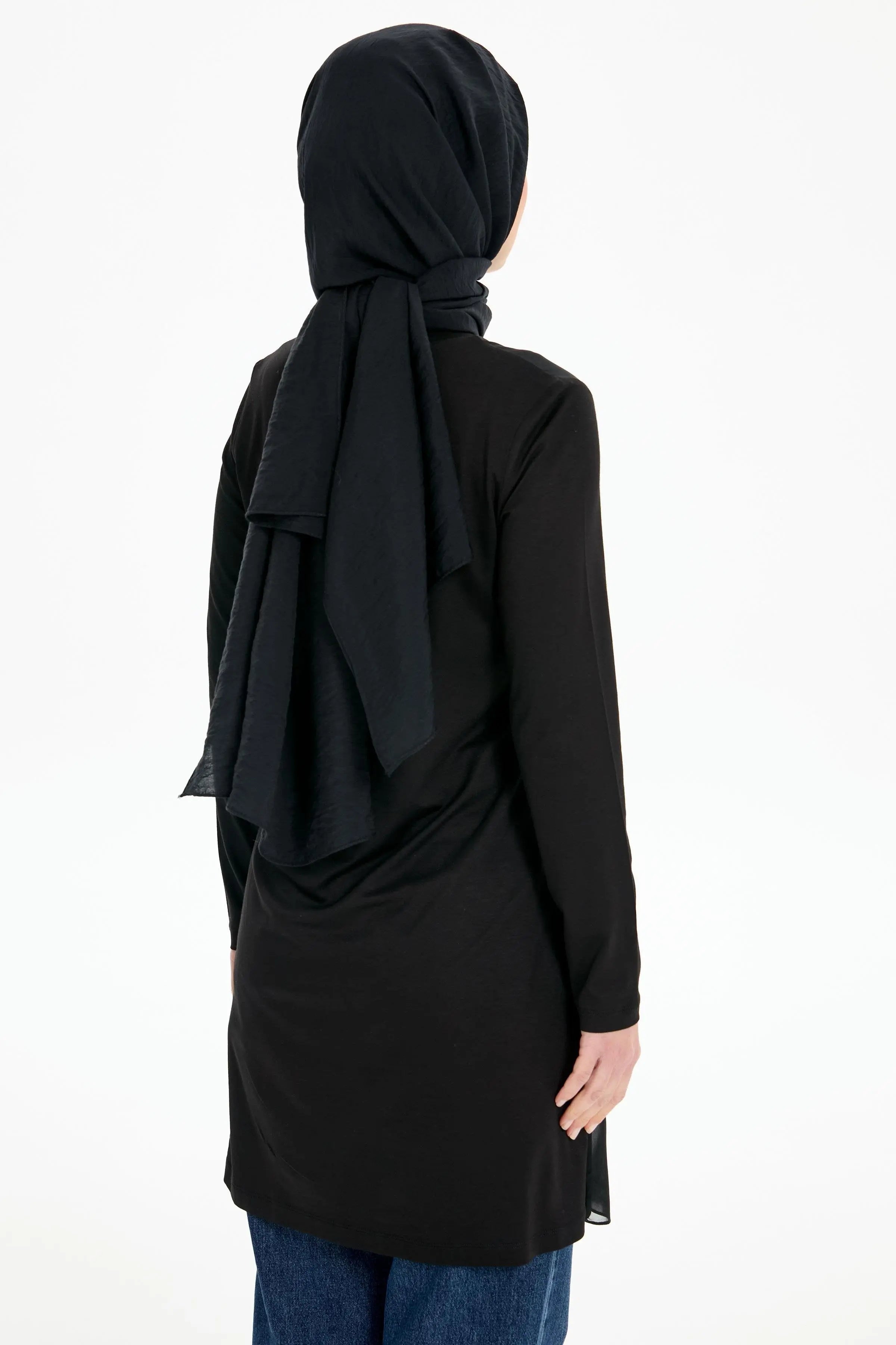 Şifon Garnili Penye Tunik - Siyah TUGBA