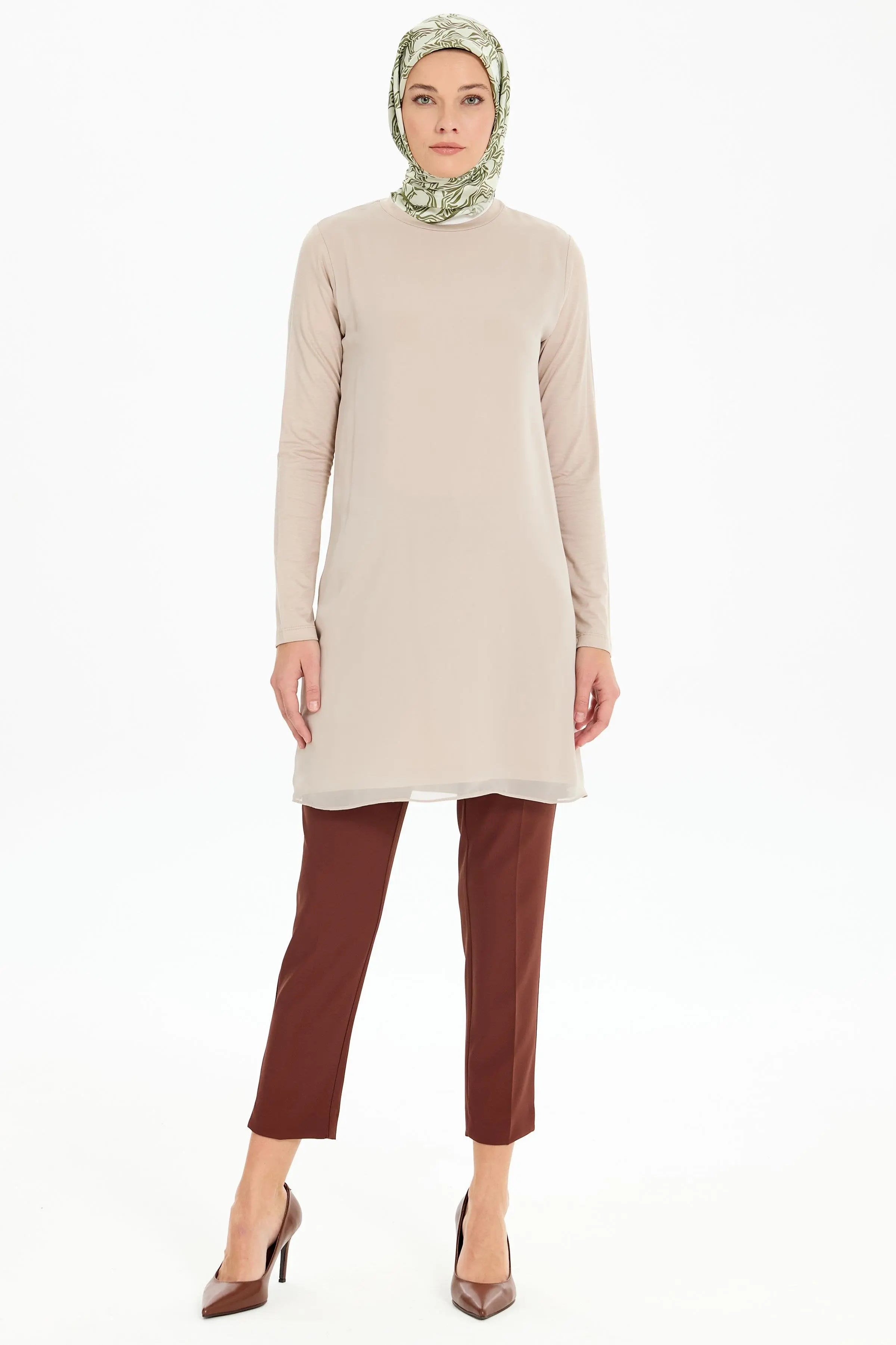 Şifon Garnili Penye Tunik - Taş TUGBA