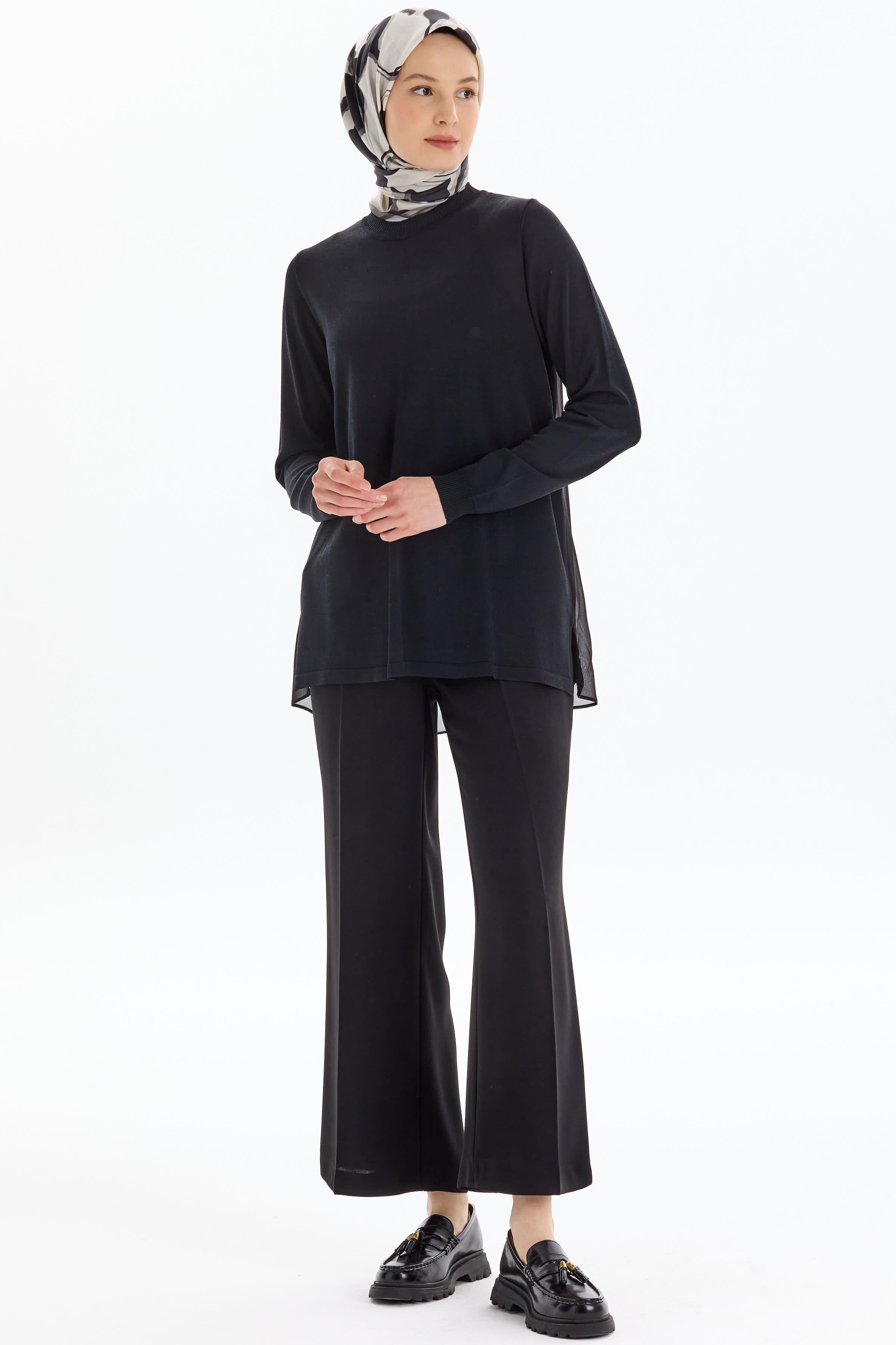 Şifon Garnili Rayon Bluz - Siyah TUGBA