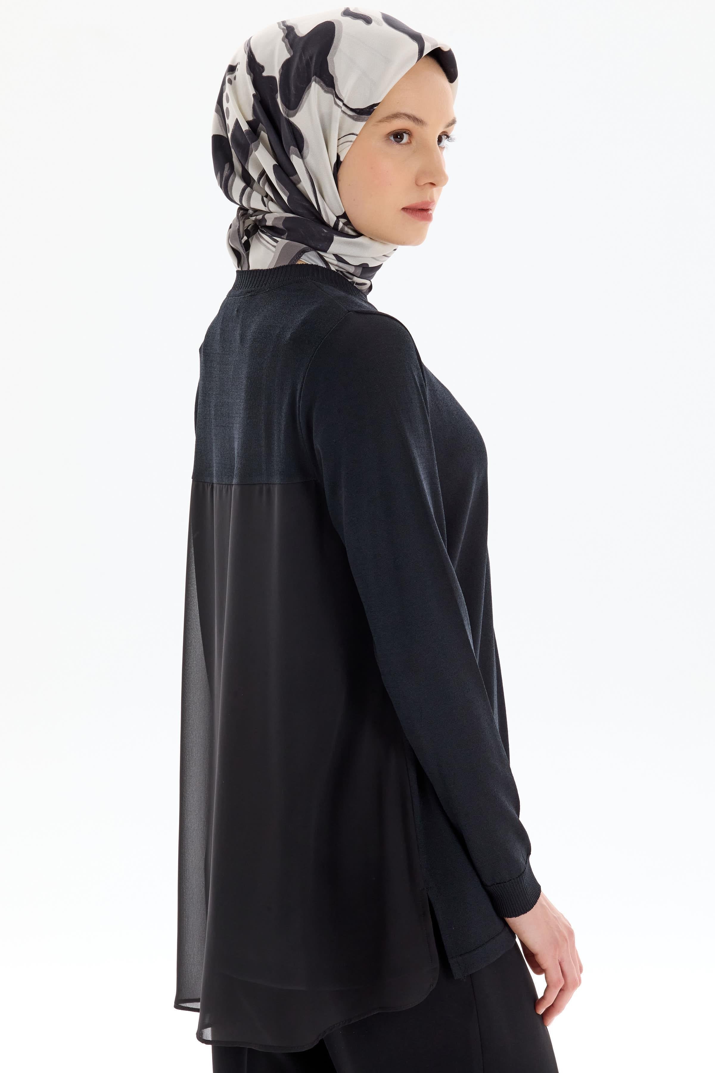 Şifon Garnili Rayon Bluz - Siyah TUGBA