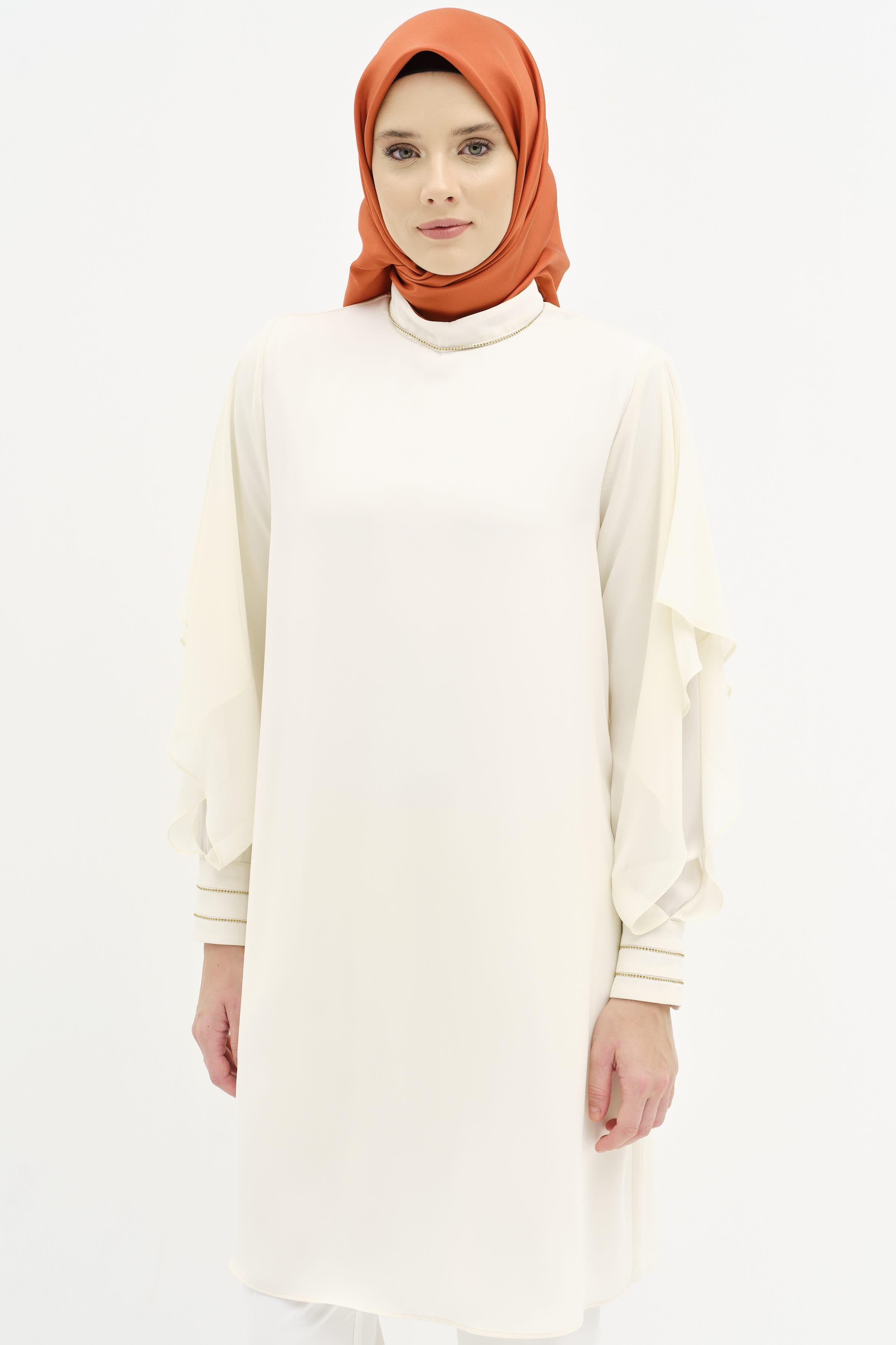 Şifon Garnili Taş Şerit Detaylı Tunik - Ekru TUGBA