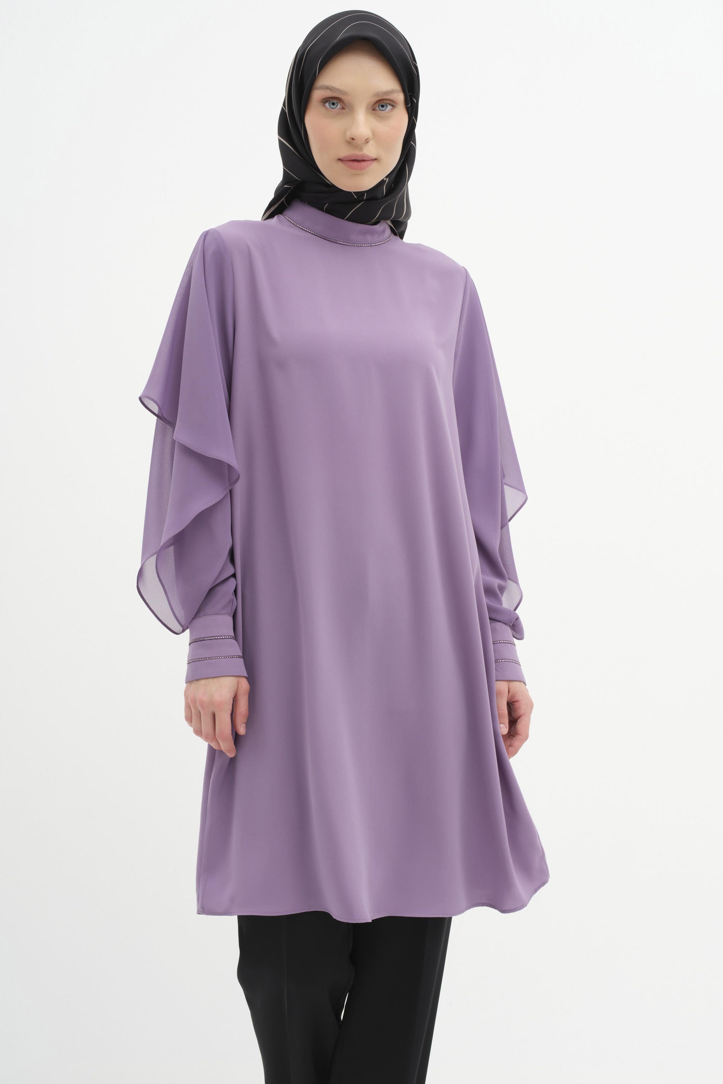Şifon Garnili Taş Şerit Detaylı Tunik - Lila TUGBA