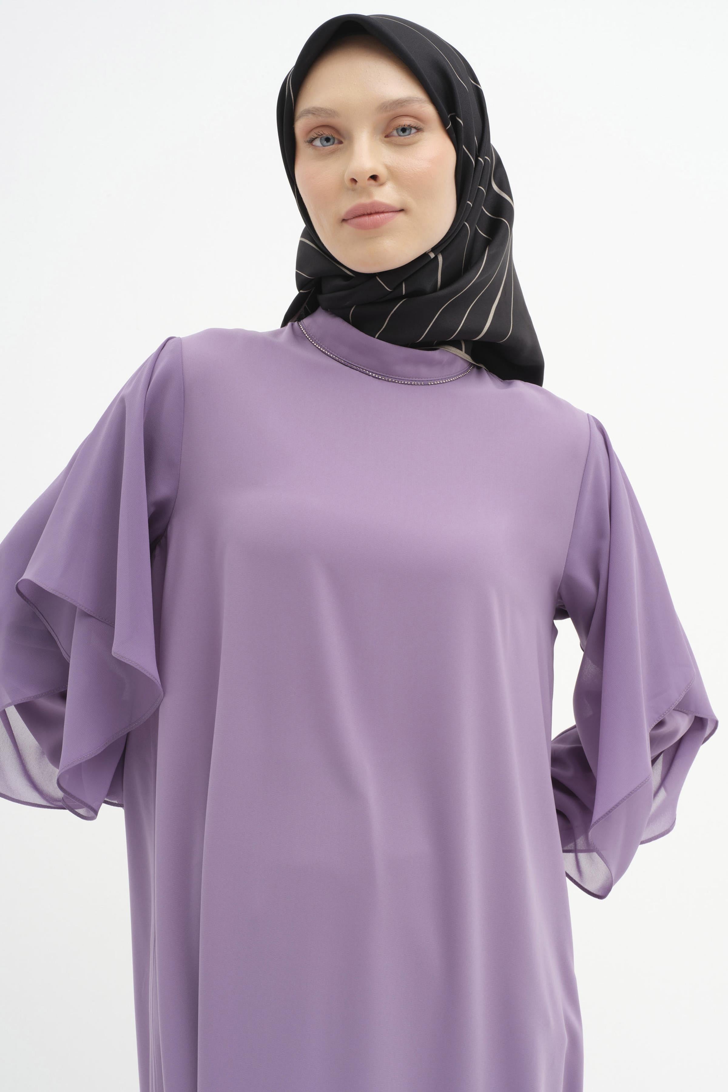 Şifon Garnili Taş Şerit Detaylı Tunik - Lila TUGBA