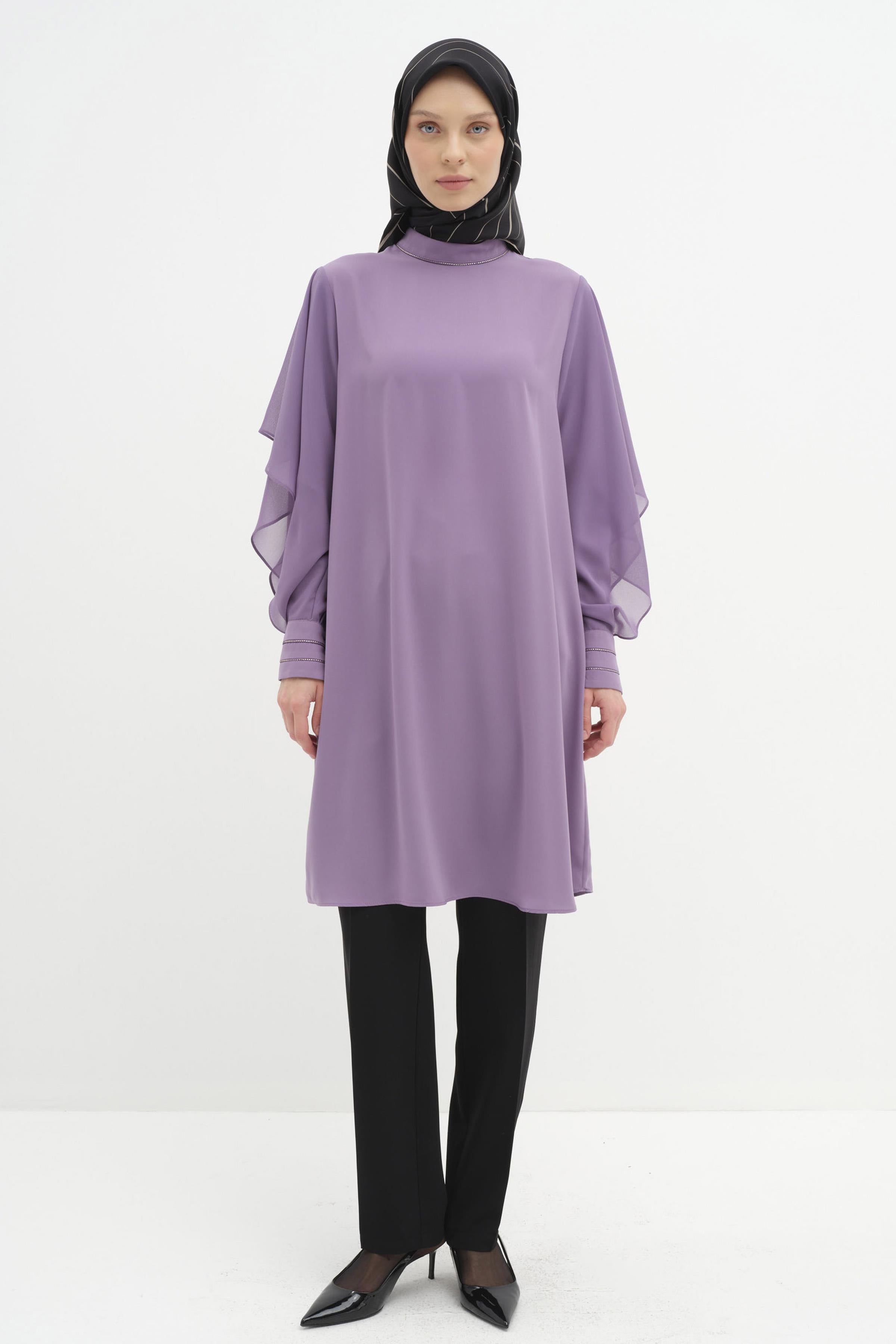 Şifon Garnili Taş Şerit Detaylı Tunik - Lila TUGBA