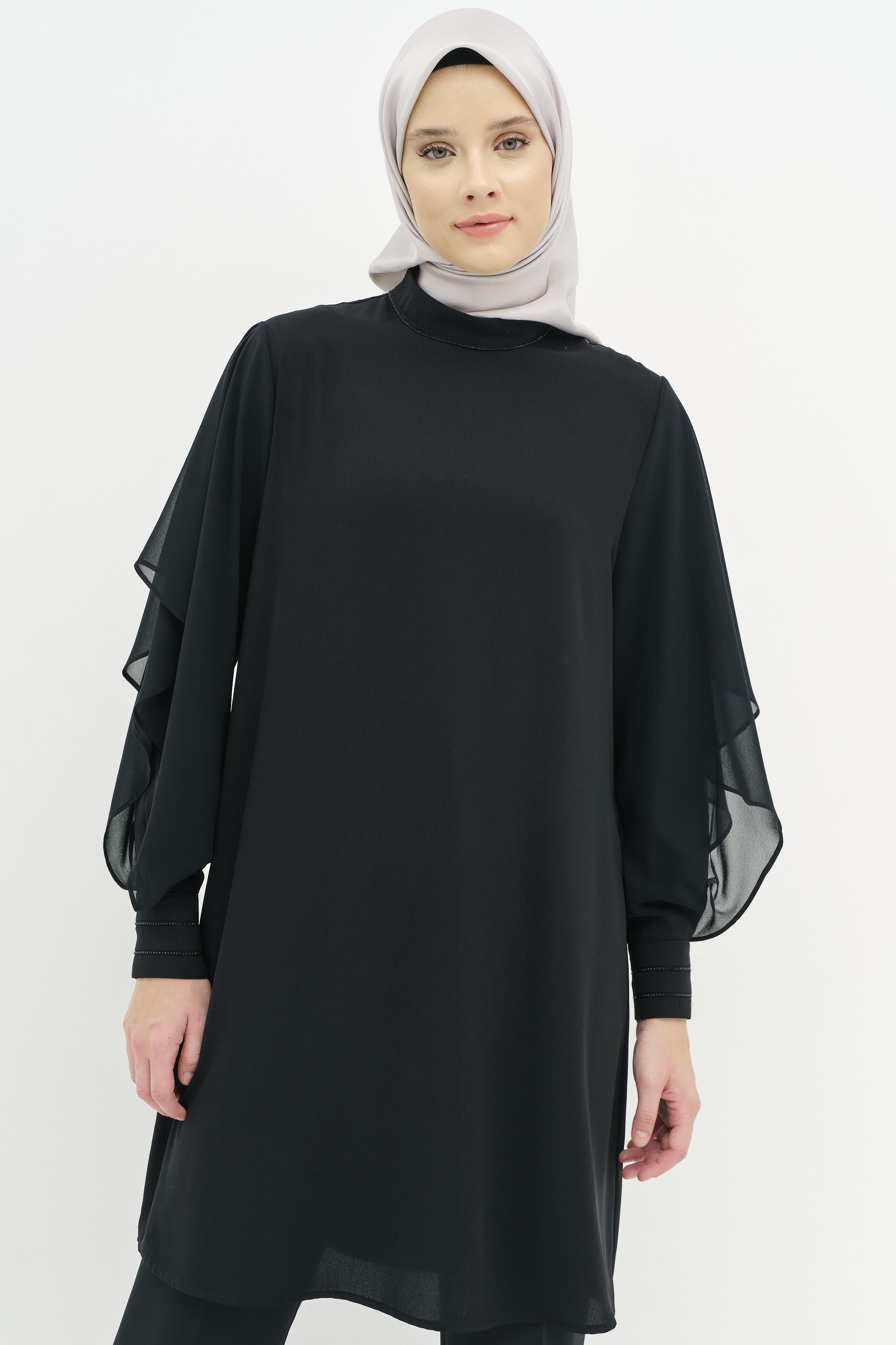 Şifon Garnili Taş Şerit Detaylı Tunik - Siyah TUGBA