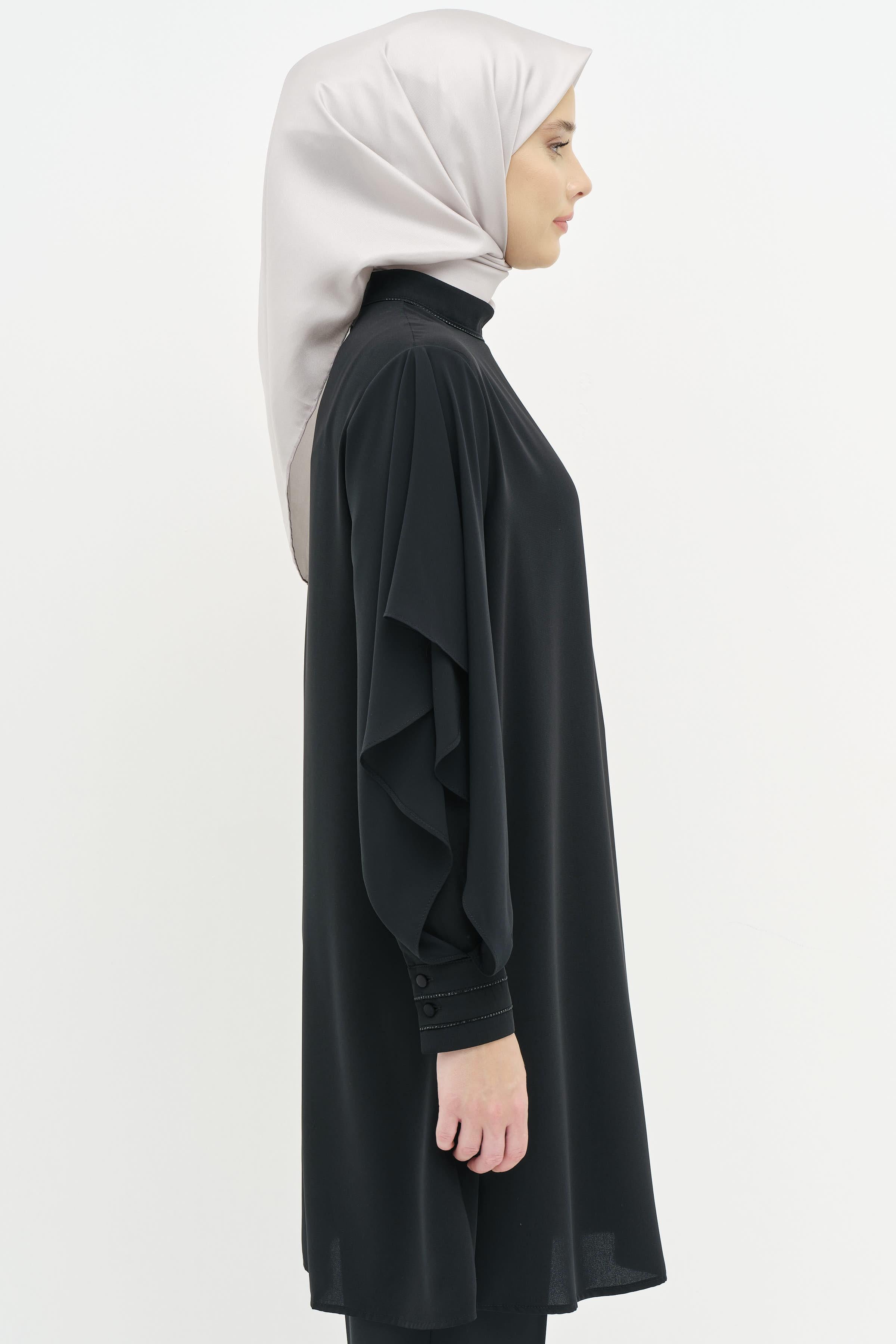 Şifon Garnili Taş Şerit Detaylı Tunik - Siyah TUGBA