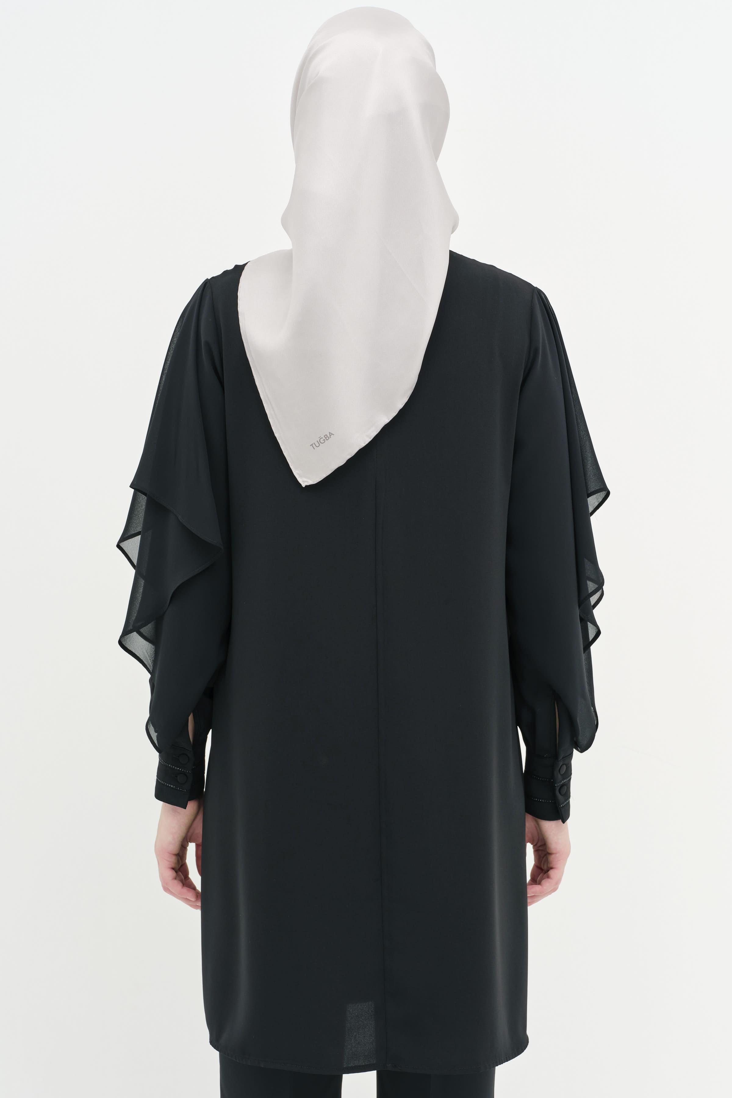 Şifon Garnili Taş Şerit Detaylı Tunik - Siyah TUGBA