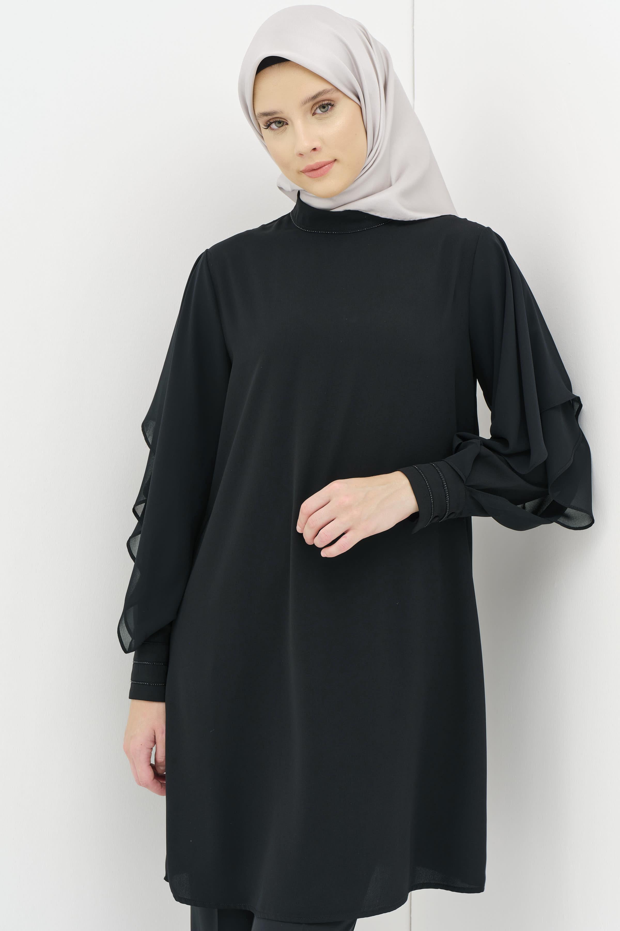 Şifon Garnili Taş Şerit Detaylı Tunik - Siyah TUGBA