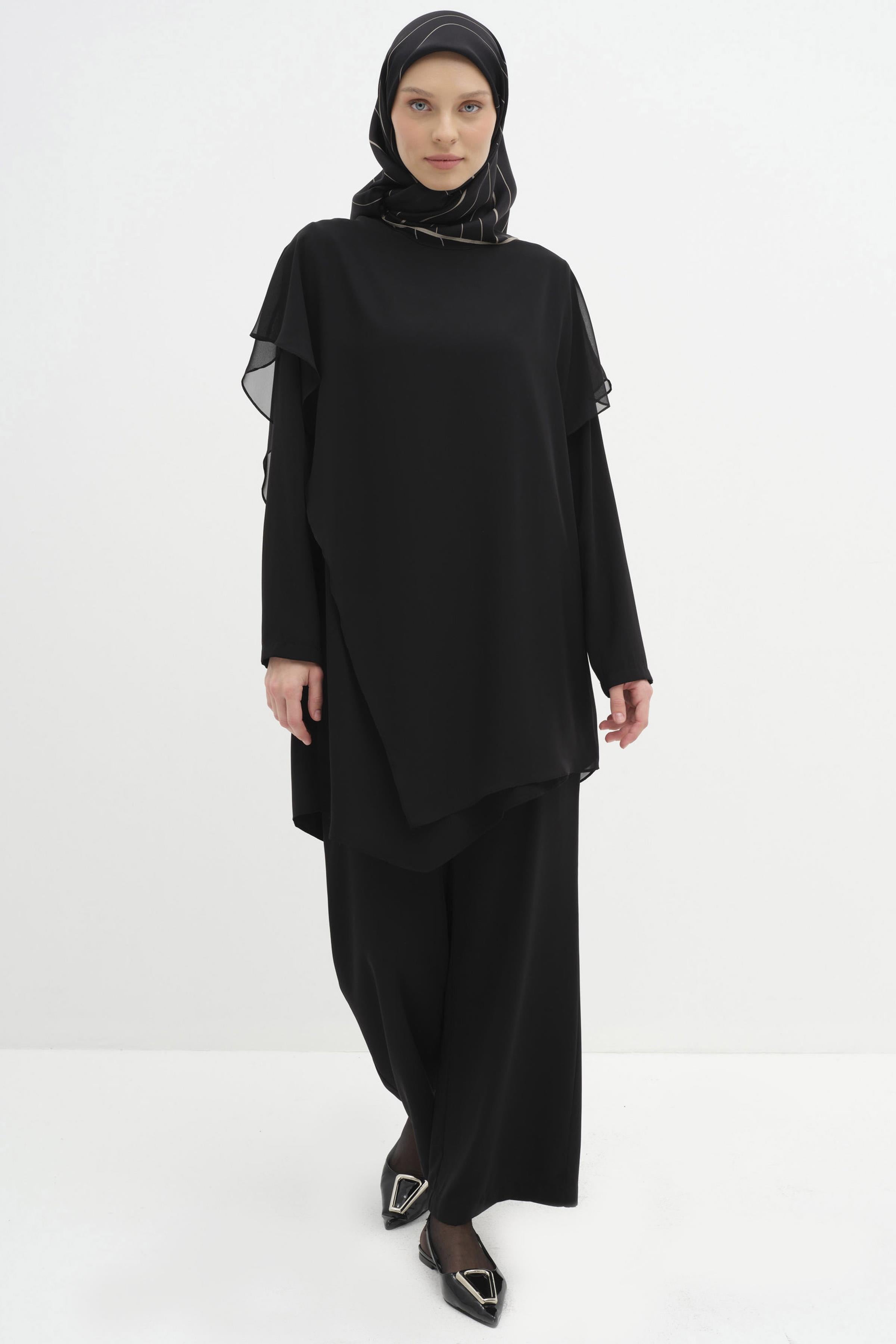 Şifon Garnili Tunik Pantolon Takım - Siyah TUGBA