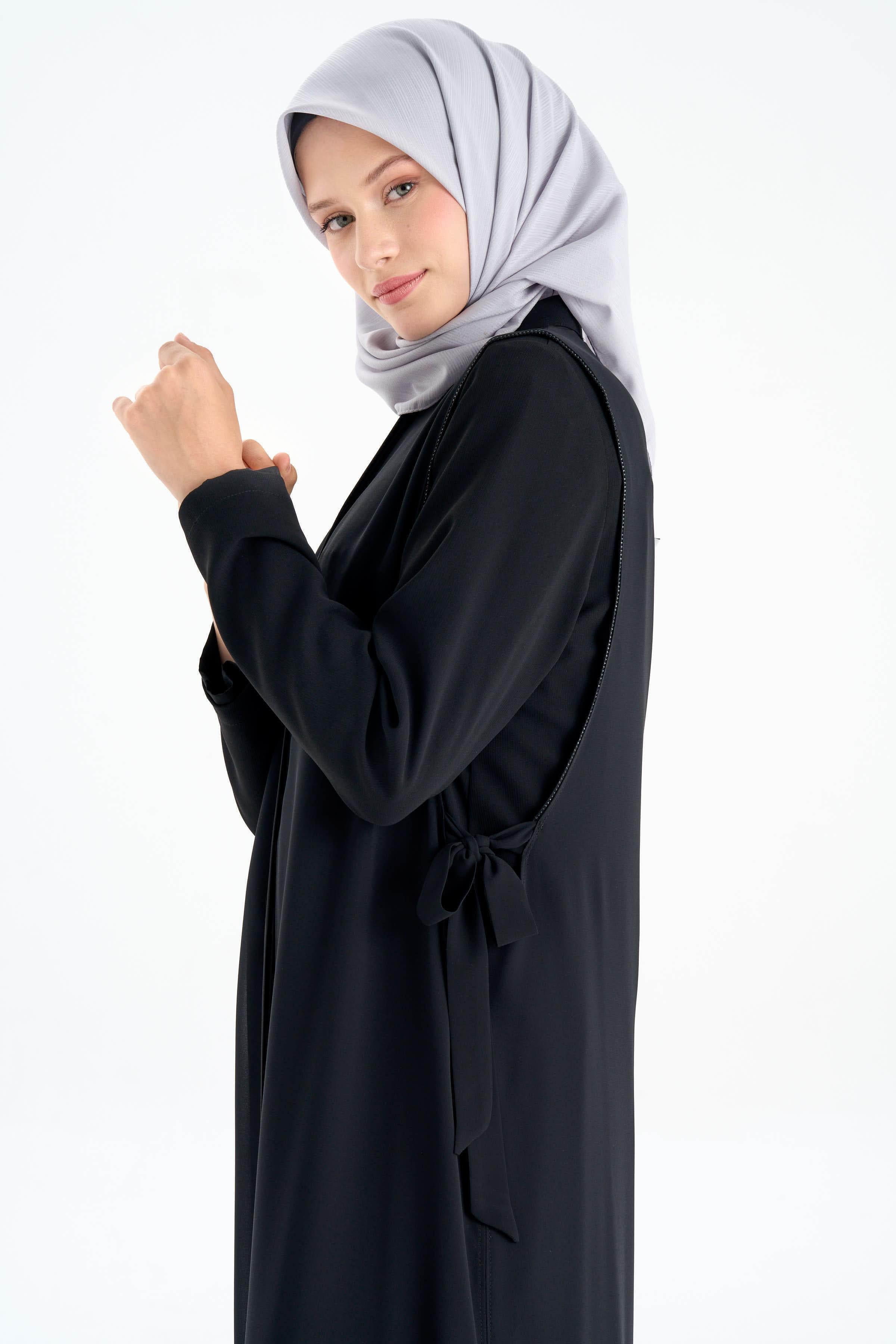 Şifon Garnili Yandan Bağlamalı Ferace - Siyah TUGBA