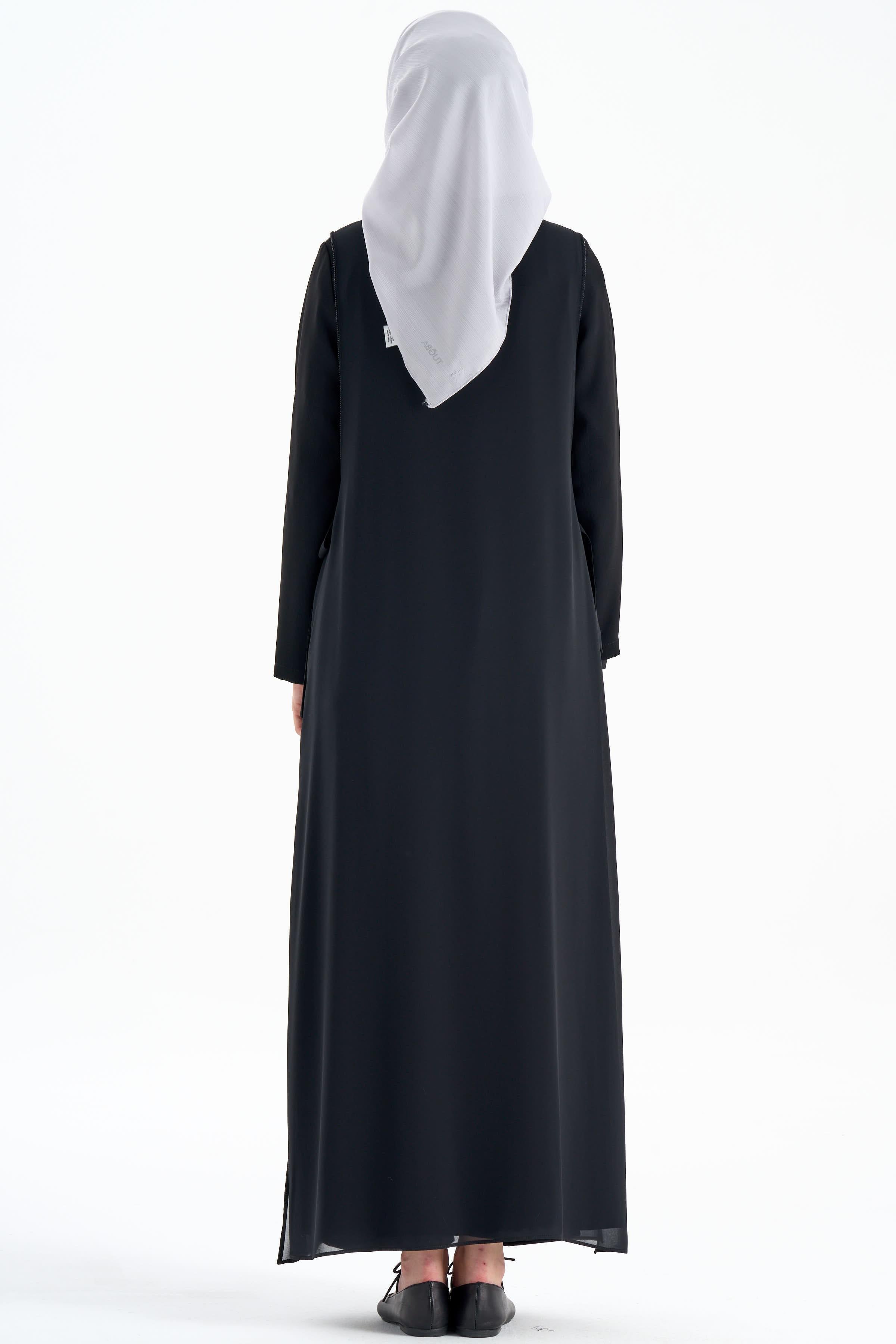 Şifon Garnili Yandan Bağlamalı Ferace - Siyah TUGBA