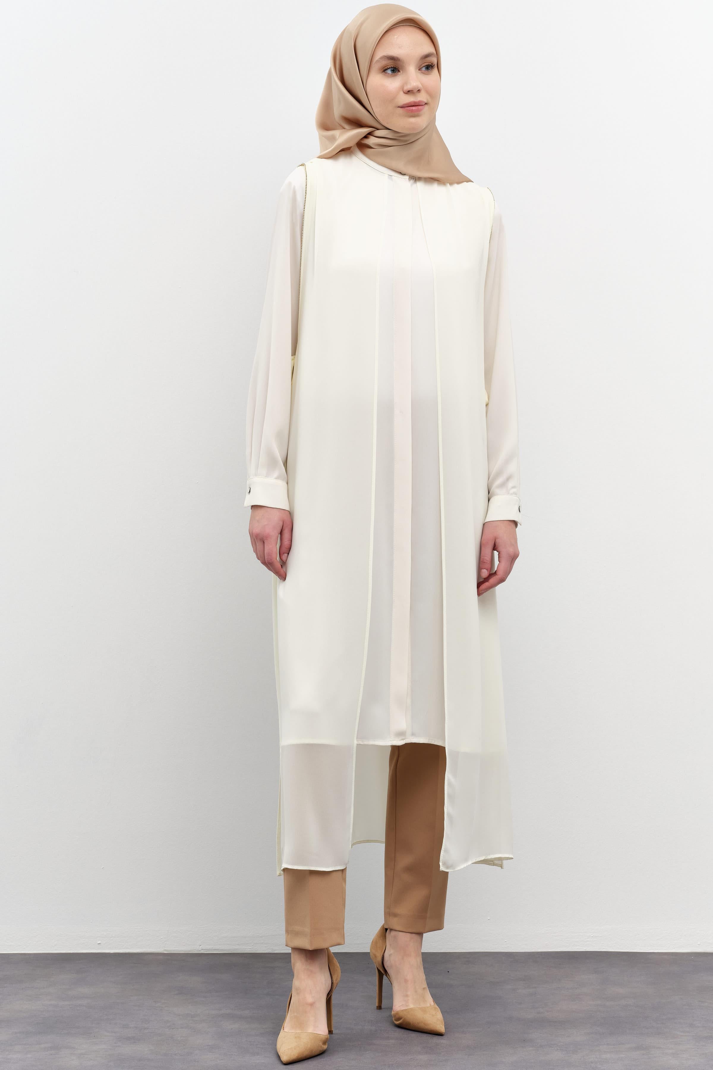 Şifon Garnili Yandan Bağlamalı Tunik - Ekru TUGBA