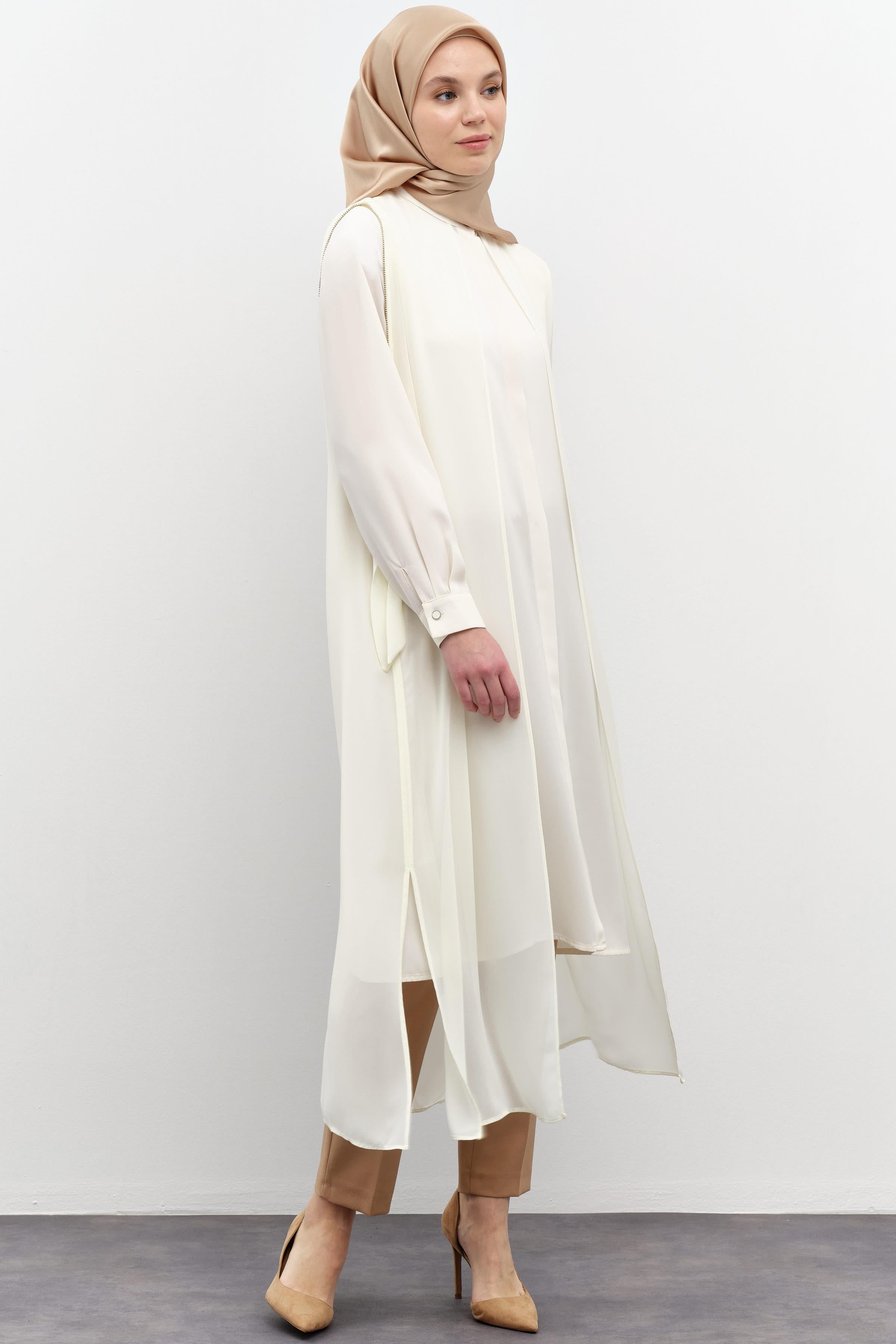 Şifon Garnili Yandan Bağlamalı Tunik - Ekru TUGBA