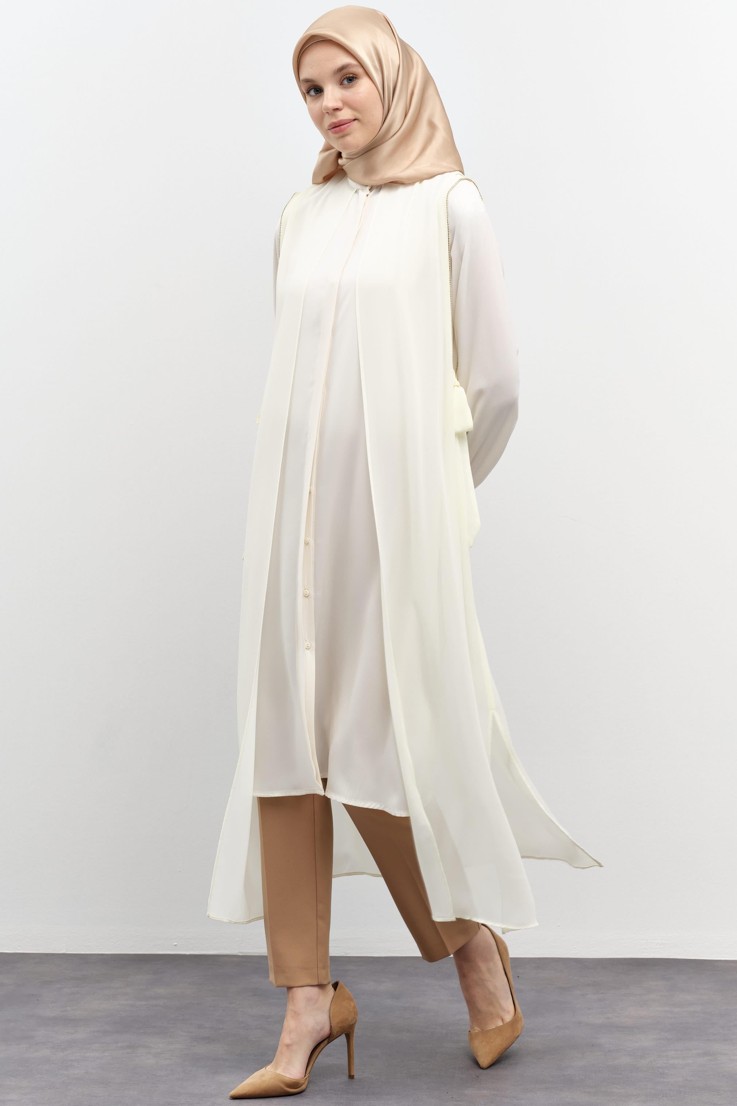 Şifon Garnili Yandan Bağlamalı Tunik - Ekru TUGBA