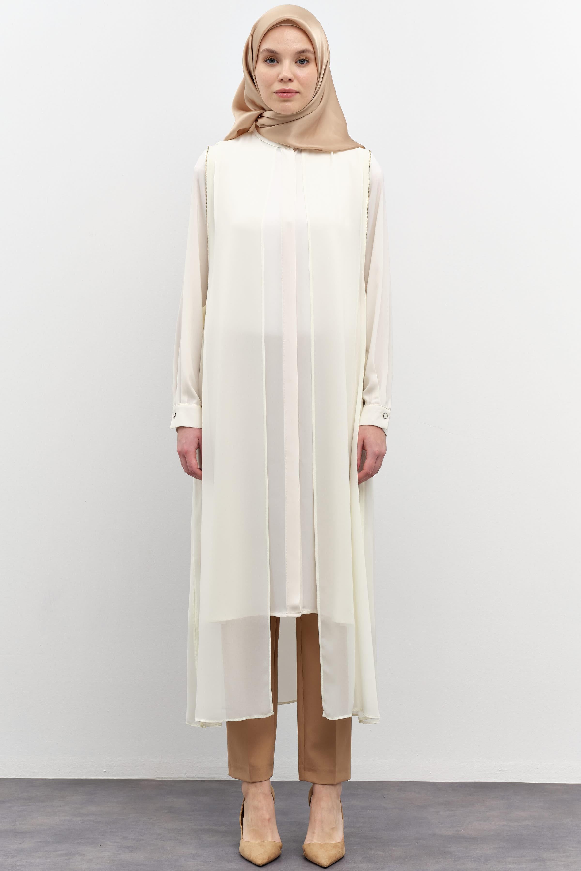 Şifon Garnili Yandan Bağlamalı Tunik - Ekru TUGBA