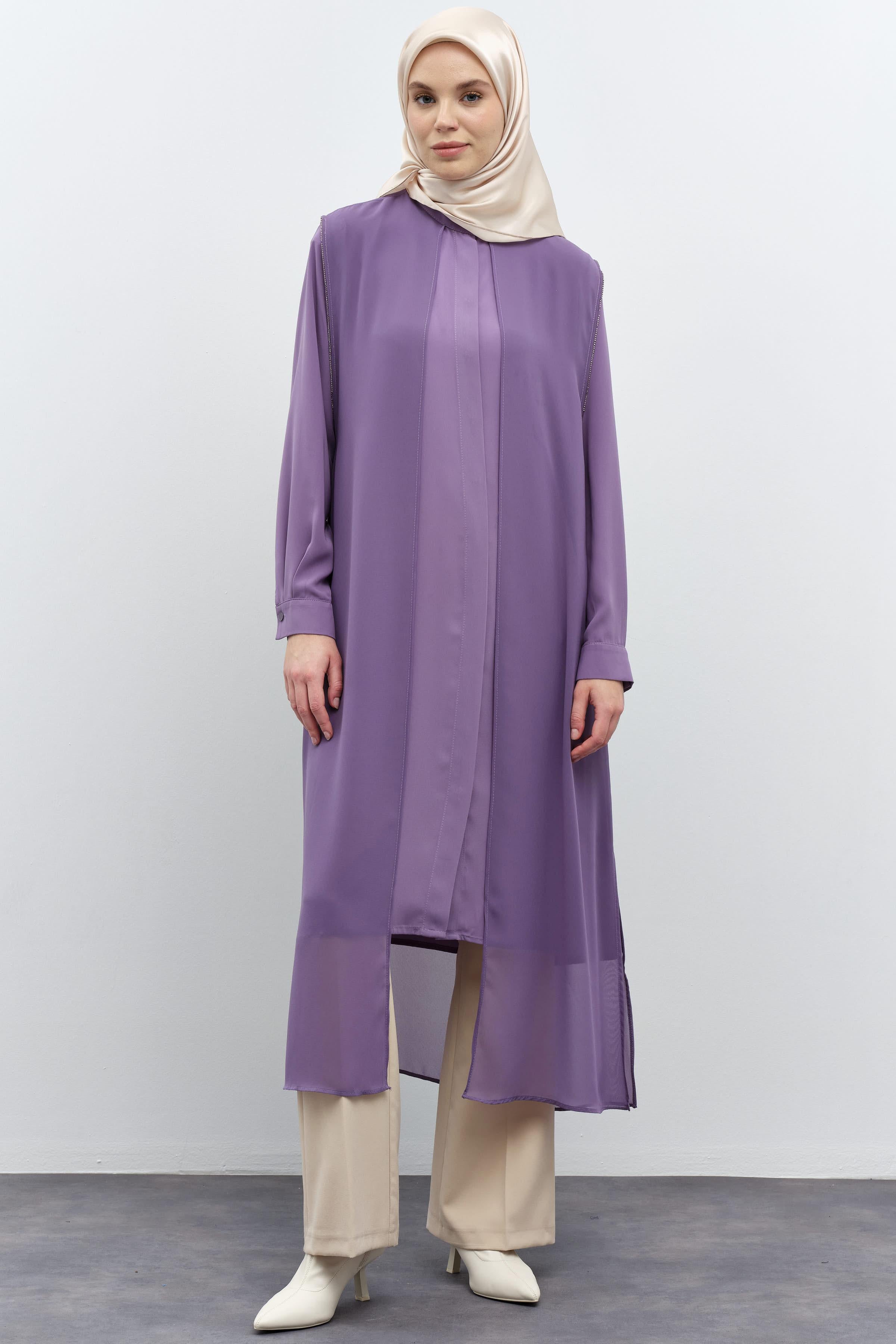 Şifon Garnili Yandan Bağlamalı Tunik - Lila TUGBA