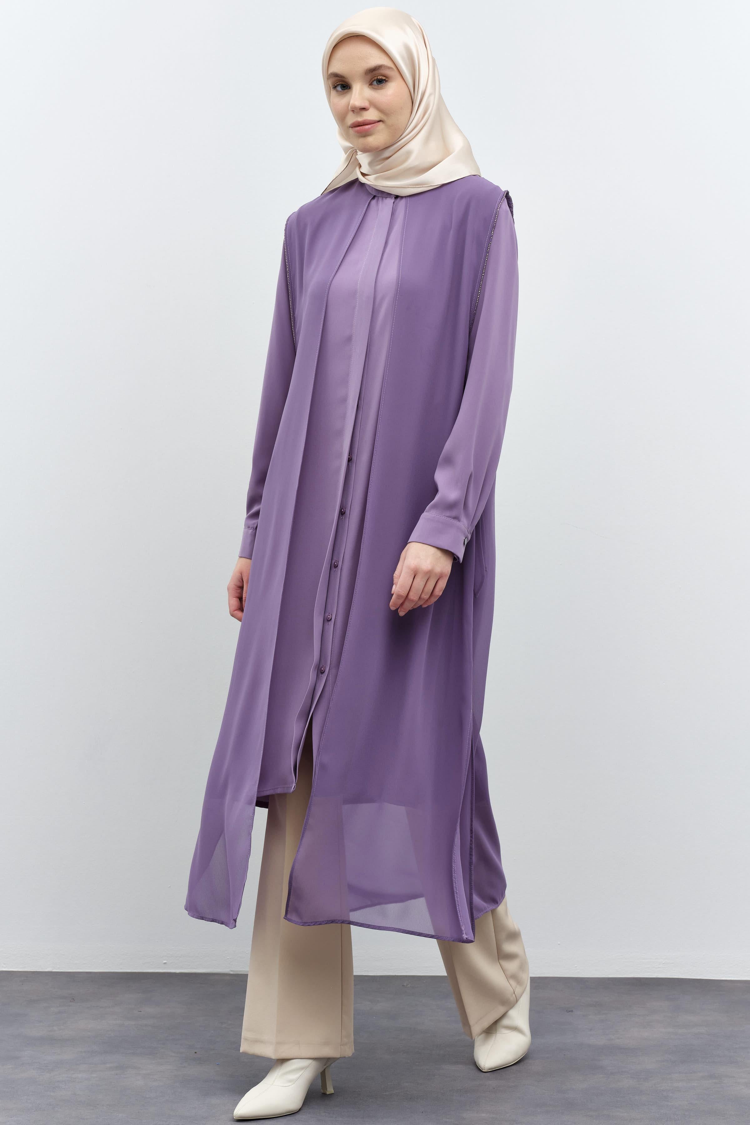 Şifon Garnili Yandan Bağlamalı Tunik - Lila TUGBA