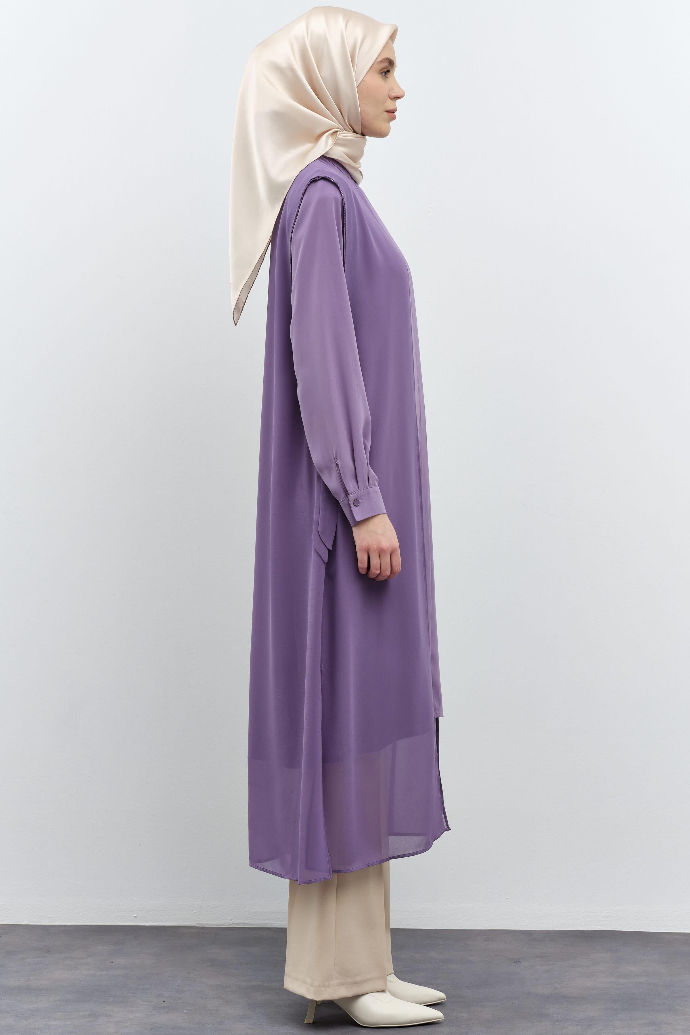 Şifon Garnili Yandan Bağlamalı Tunik - Lila TUGBA